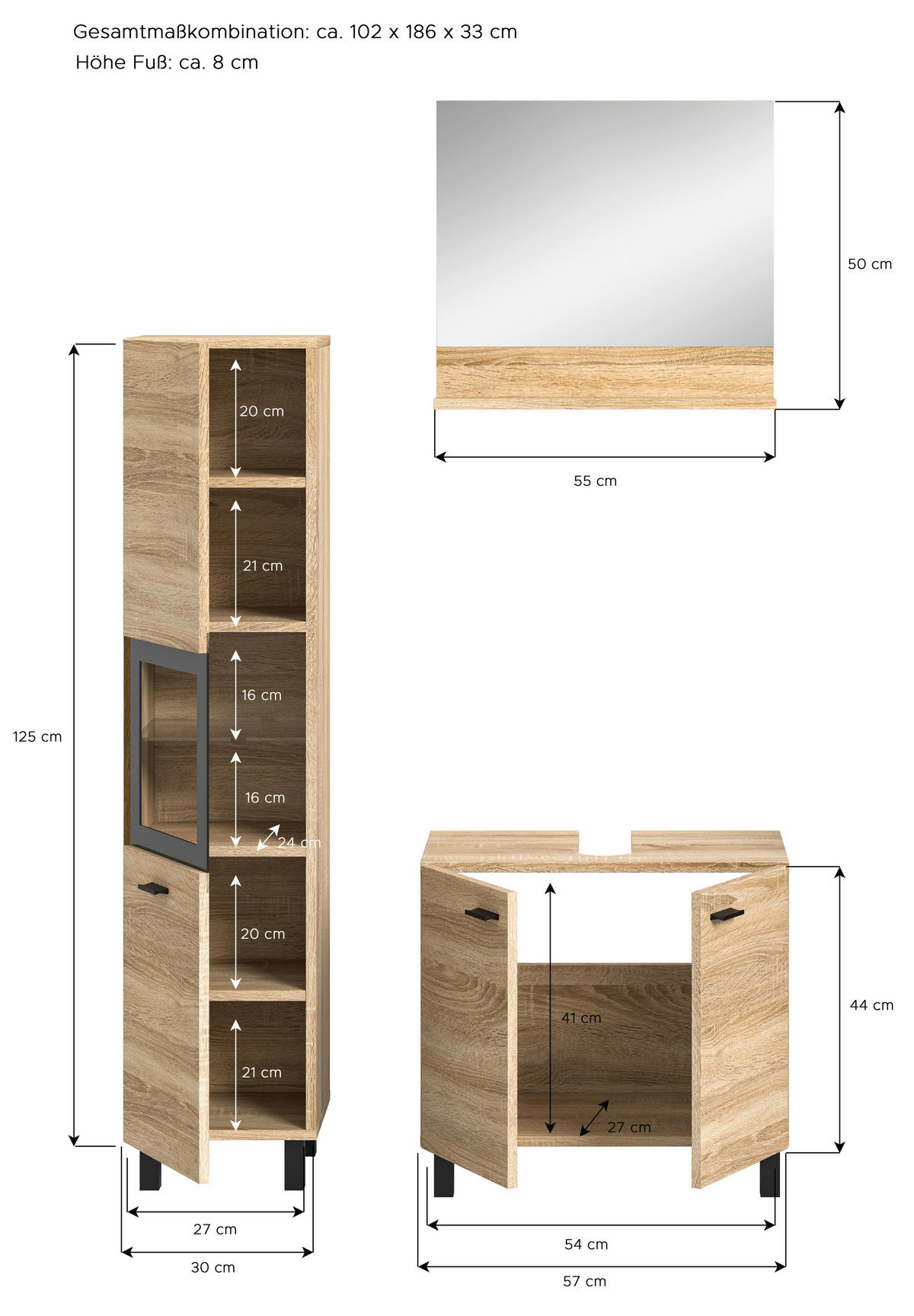 Badezimmer-Set BOSTON Eiche Sonoma Nachbildung schwarz B/H/T: ca. 102x186x33 cm BOSTON - Eiche/schwarz (102,00/186,00/33,00cm) - xonox.home