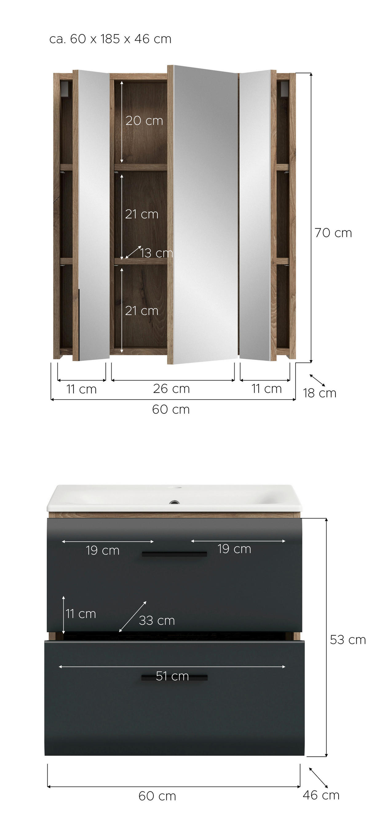 Badezimmer-Set Ice Nox Oak Nachbildung schwarz matt B/H/T: ca. 60x185x46 cm Ice - schwarz (60,00/185,00/46,00cm) - xonox.home