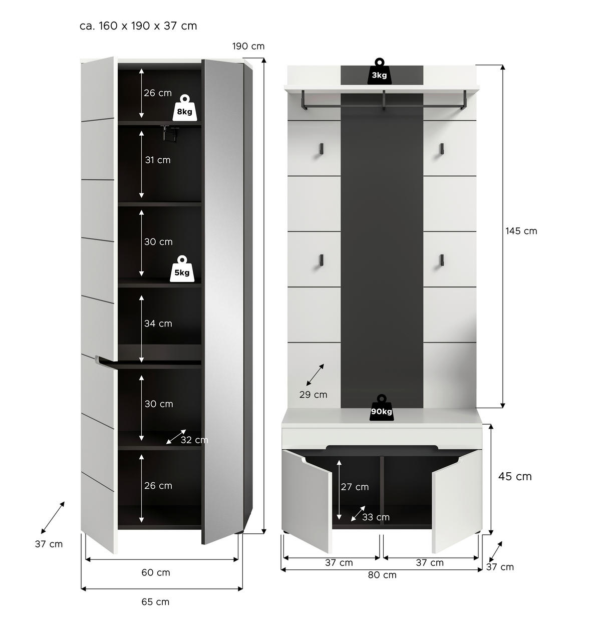 Garderobe Canu basaltgrau Nachbildung weiß B/H/T: ca. 160x190x37 cm Canu - weiß/basaltgrau (160,00/190,00/37,00cm) - xonox.home