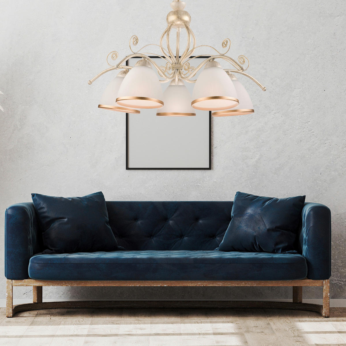 Lamkur Pendelleuchte RETRO II 19208 weiß Glas Stahl H/L: ca. 73x49 cm E27 5 Brennstellen Retro II - weiß (49,00cm) - Lamkur
