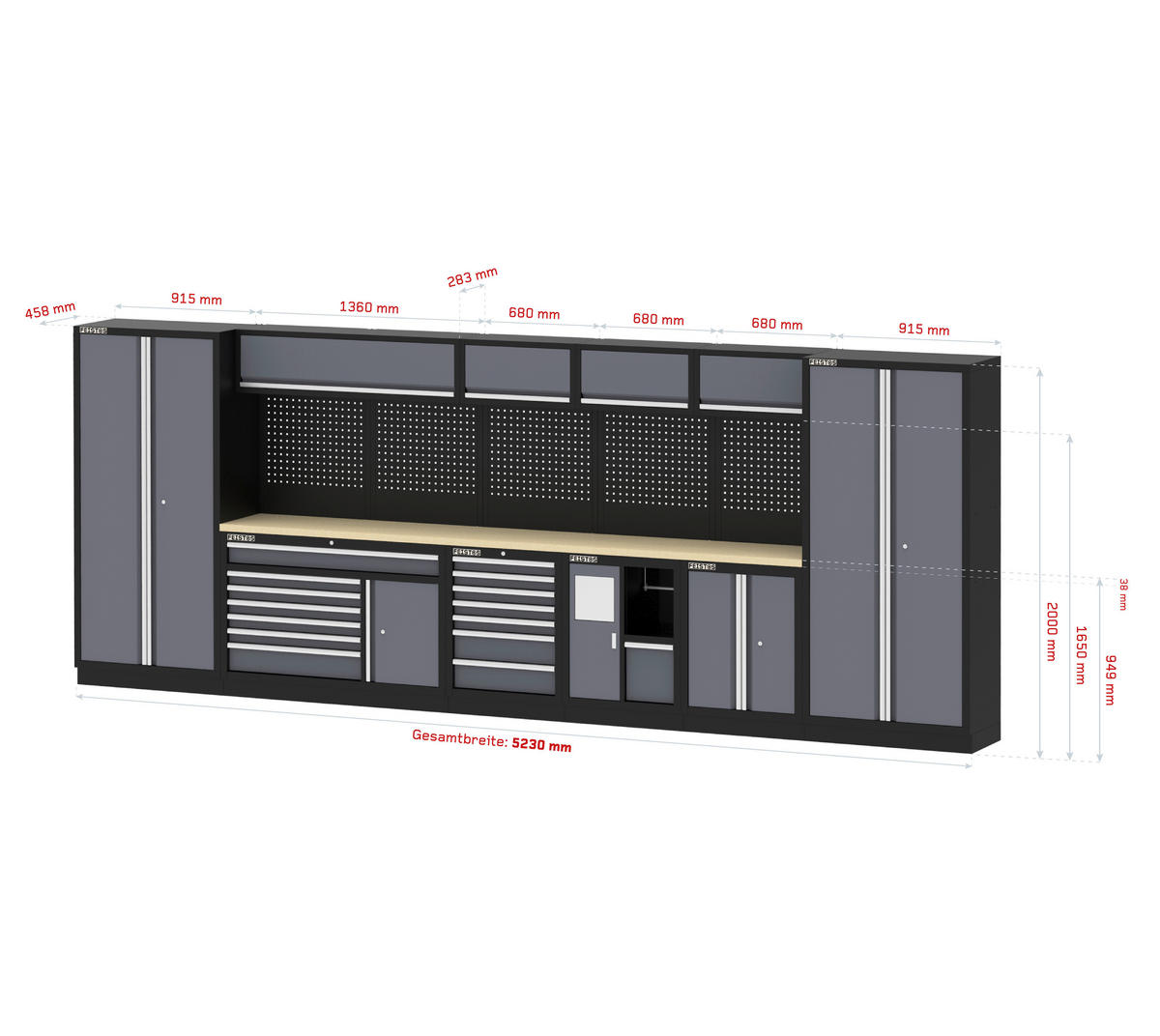 Werkstatteinrichtung Apollo anthrazit B/H/L: ca. 523x200x46 cm Apollo - schwarz/anthrazit (46,00/523,00/200,00cm) - Feistos