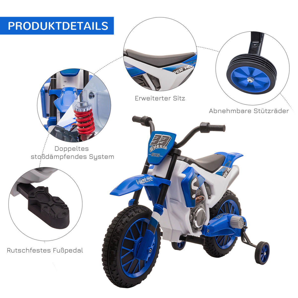 HOMCOM Kinder-Elektromotorrad blau B/H/L: ca. 51,5x68x106,5 cm Kinder-Elektromotorrad - blau (106,50/51,50/68,00cm) - HOMCOM