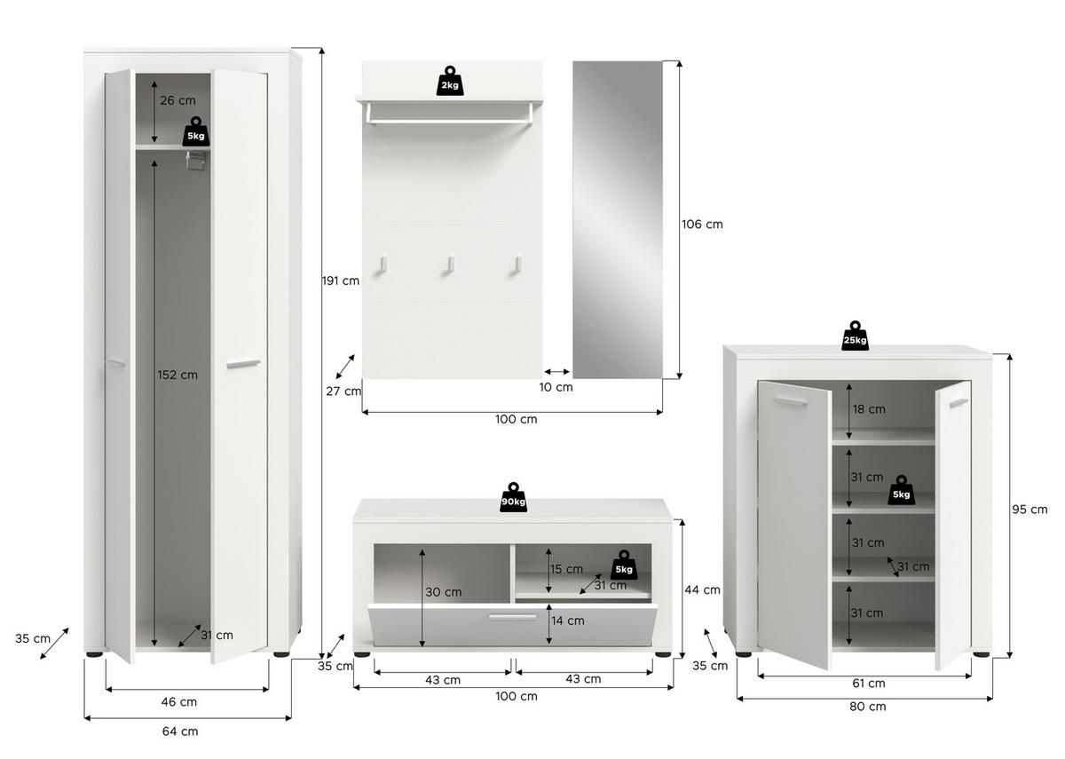 Garderobe JAM weiß B/H/T: ca. 285x191x35 cm JAM - weiß (285,00/191,00/35,00cm) - xonox.home