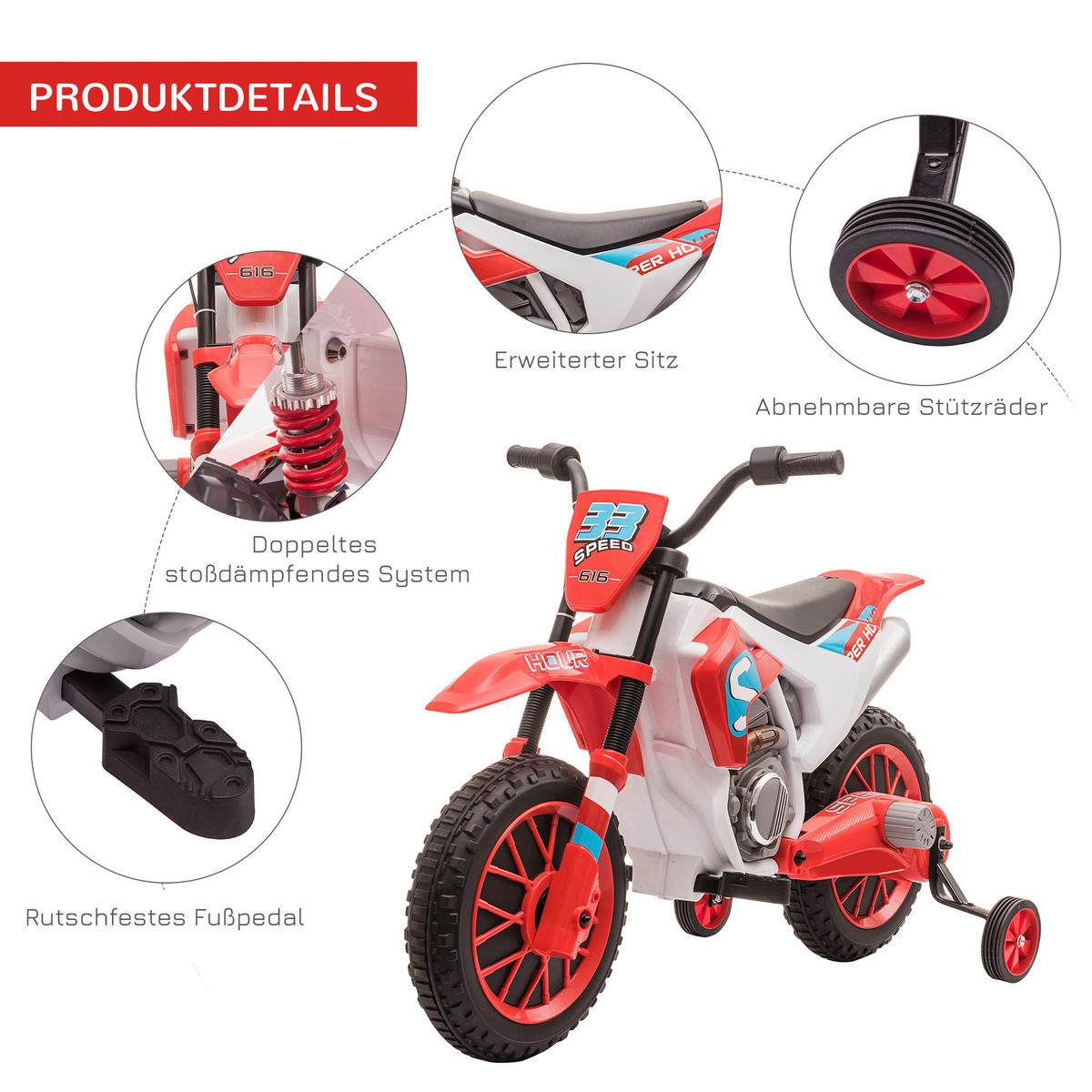 HOMCOM Kinder-Elektromotorrad rot B/H/L: ca. 51,5x68x106,5 cm Kinder-Elektromotorrad - rot (106,50/51,50/68,00cm) - HOMCOM