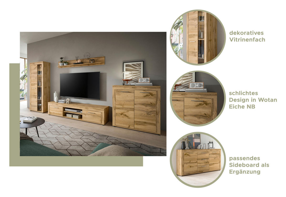 Wohnwand Jam Eiche Wotan Nachbildung B/H/T: ca. 330x169x35 cm Jam - Eiche (330,00/169,00/35,00cm) - xonox.home