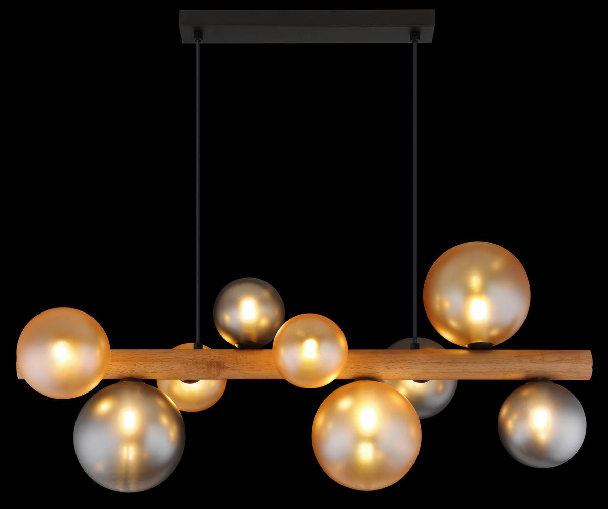 GLOBO LED-Hängeleuchte dunkelbraun amber Rauch Holz Metall Glas B/H/L: ca. 29x150x78 cm 9.0 Brennstellen RIHA - dunkelbraun/amber (78,00/29,00/150,00cm) - GLOBO
