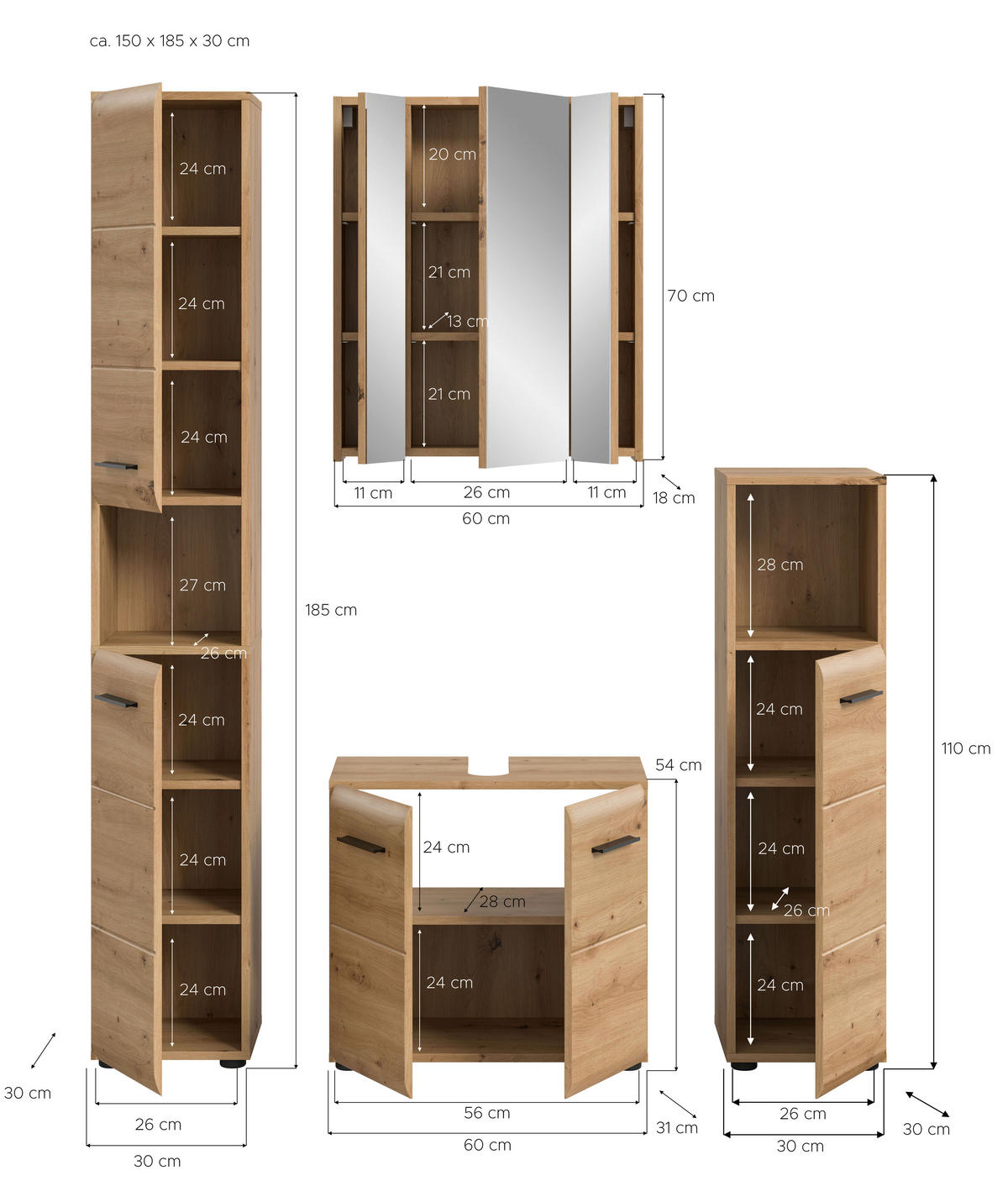 Badezimmer-Set Ice Artisan Oak Nachbildung B/H/T: ca. 150x185x30 cm Ice - (150,00/185,00/30,00cm) - xonox.home