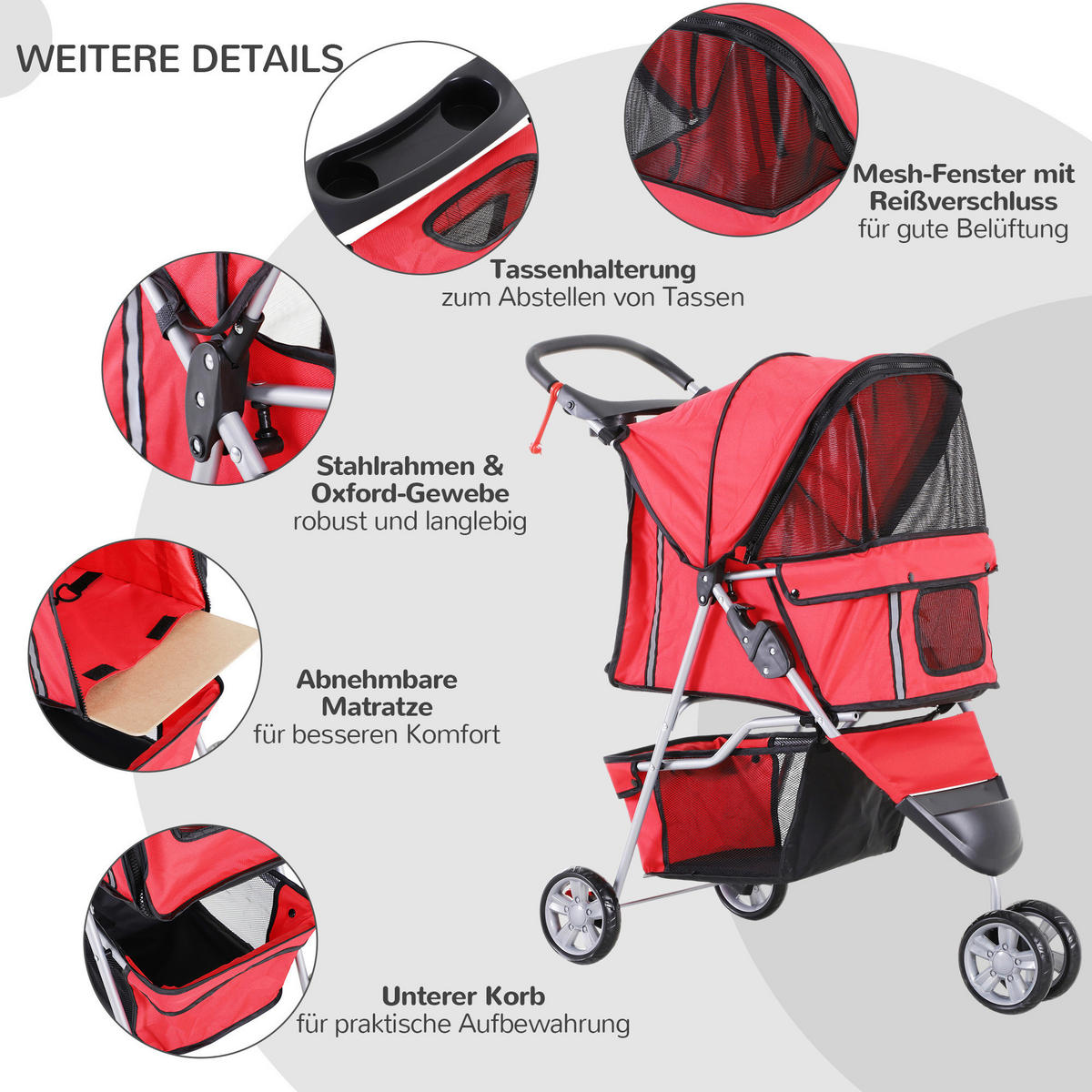 PawHut Hunde-Zubehör rot Polyester B/H/L: ca. 45x75x97 cm Hundewagen - rot (97,00/45,00/75,00cm) - PawHut