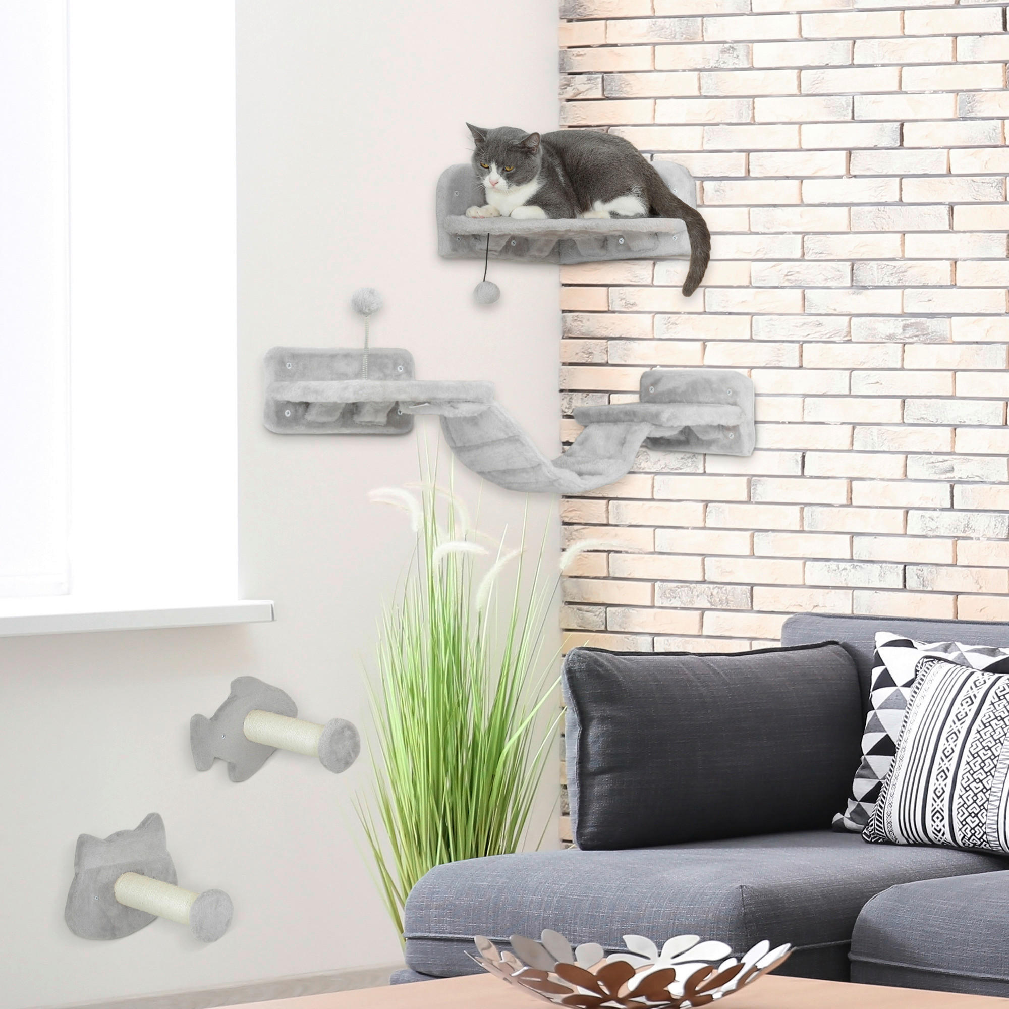PawHut Katzen Kletterwand Set hellgrau Plüsch B/H/L: ca. 26x12,5x90 cm Katzen Kletterwand Set - hellgrau (90,00/26,00/12,50cm) - PawHut