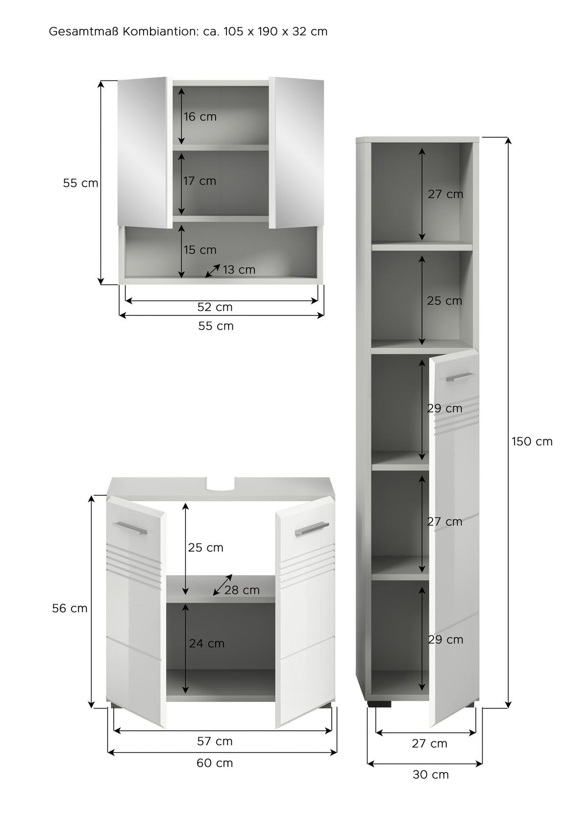 Badblock Copa hellgrau weiß Hochglanz B/H/T: ca. 105x190x32 cm Copa - hellgrau/weiß (105,00/190,00/32,00cm) - xonox.home