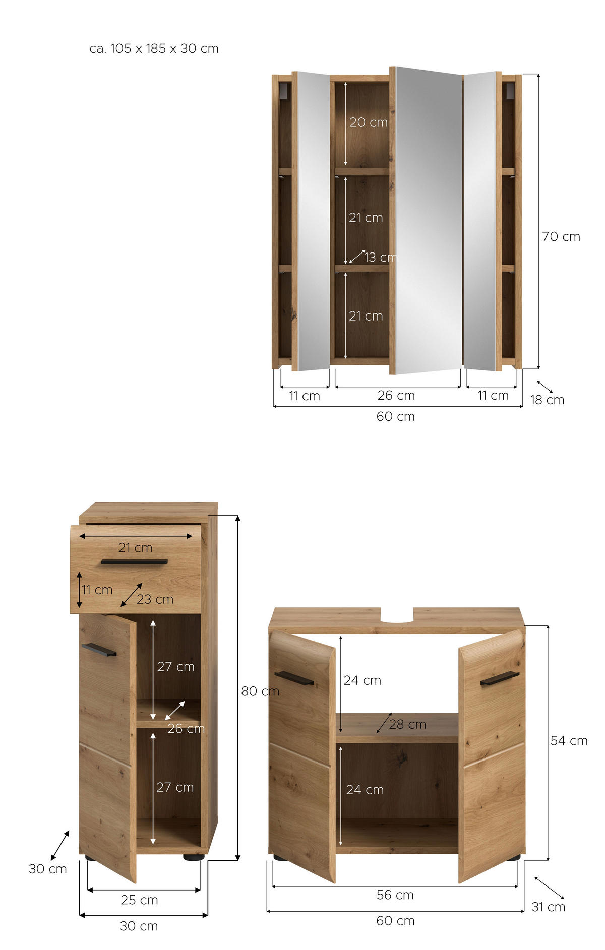 Badezimmer-Set Ice Artisan Oak Nachbildung B/H/T: ca. 105x185x30 cm Ice - (105,00/185,00/30,00cm) - xonox.home