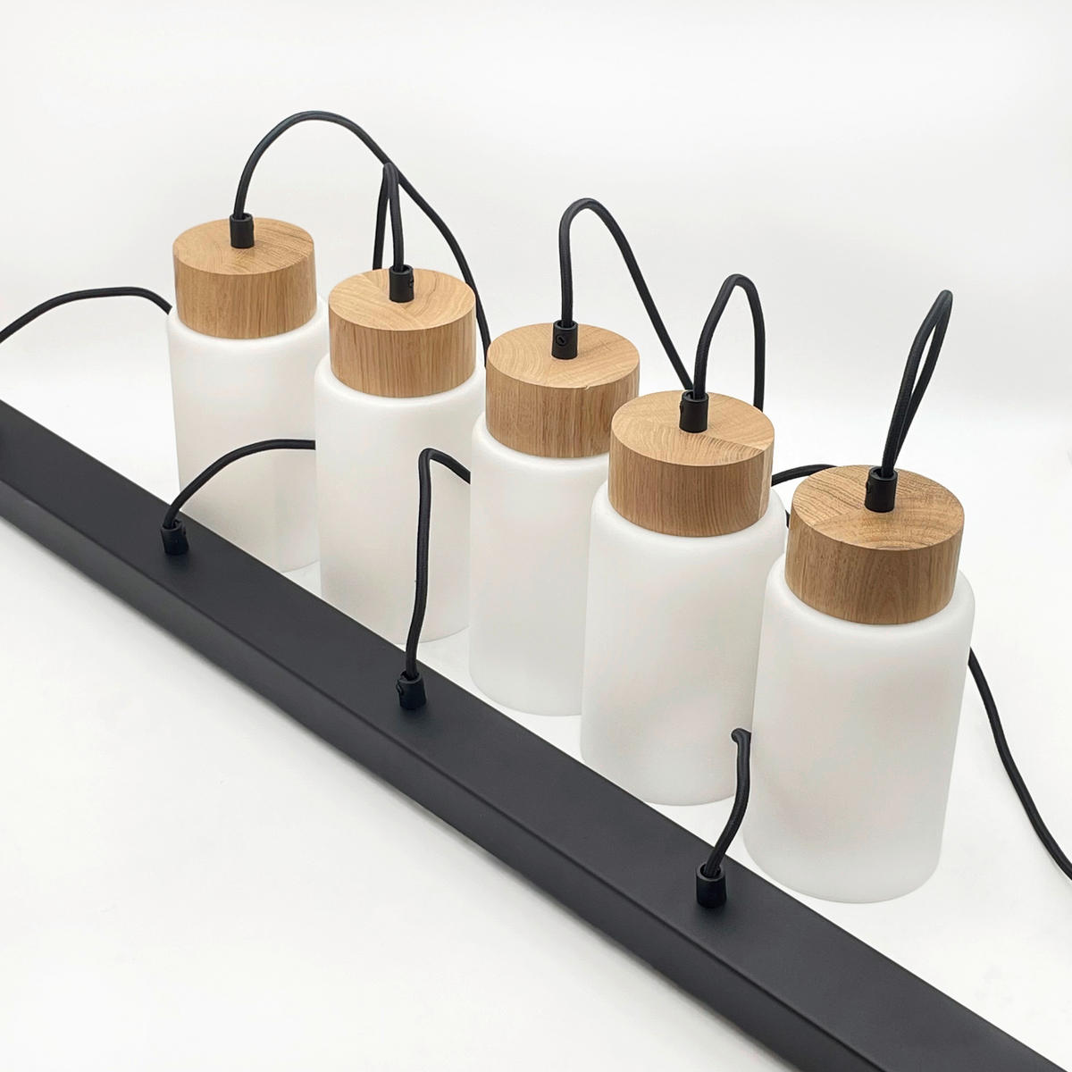 Lamkur Hängeleuchte schwarz Stahl Holz Glas B/H/L: ca. 105x20x20 cm E27 5 Brennstellen Marcus - schwarz (20,00/105,00/20,00cm) - Lamkur