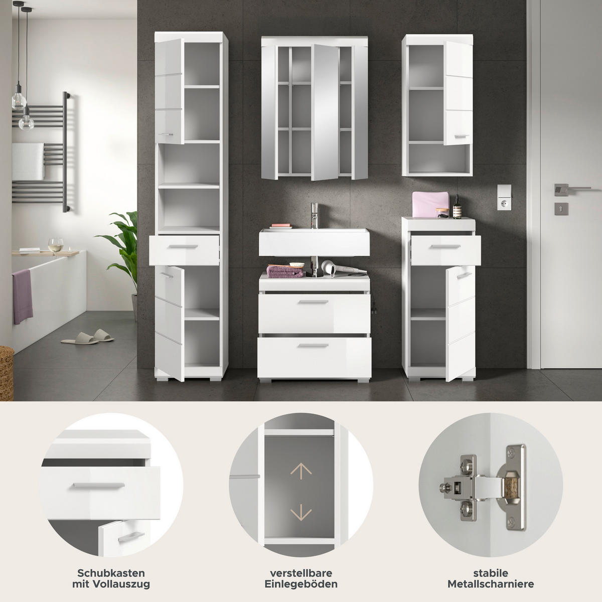 Badezimmer-Set Scout weiß weiß Hochglanz B/H/T: ca. 164x191x37 cm Scout - weiß (164,00/191,00/37,00cm) - xonox.home