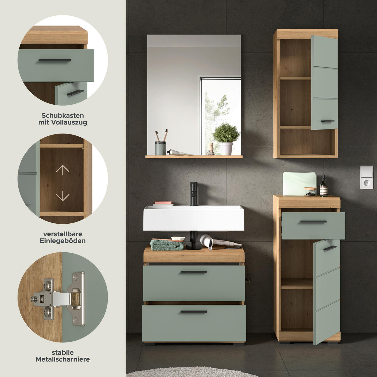 Badezimmer-Set Scout Eiche Artisan Nachbildung salbei Nachbildung B/H/T: ca. 112x191x37 cm Scout - Eiche/salbei (112,00/191,00/37,00cm) - xonox.home