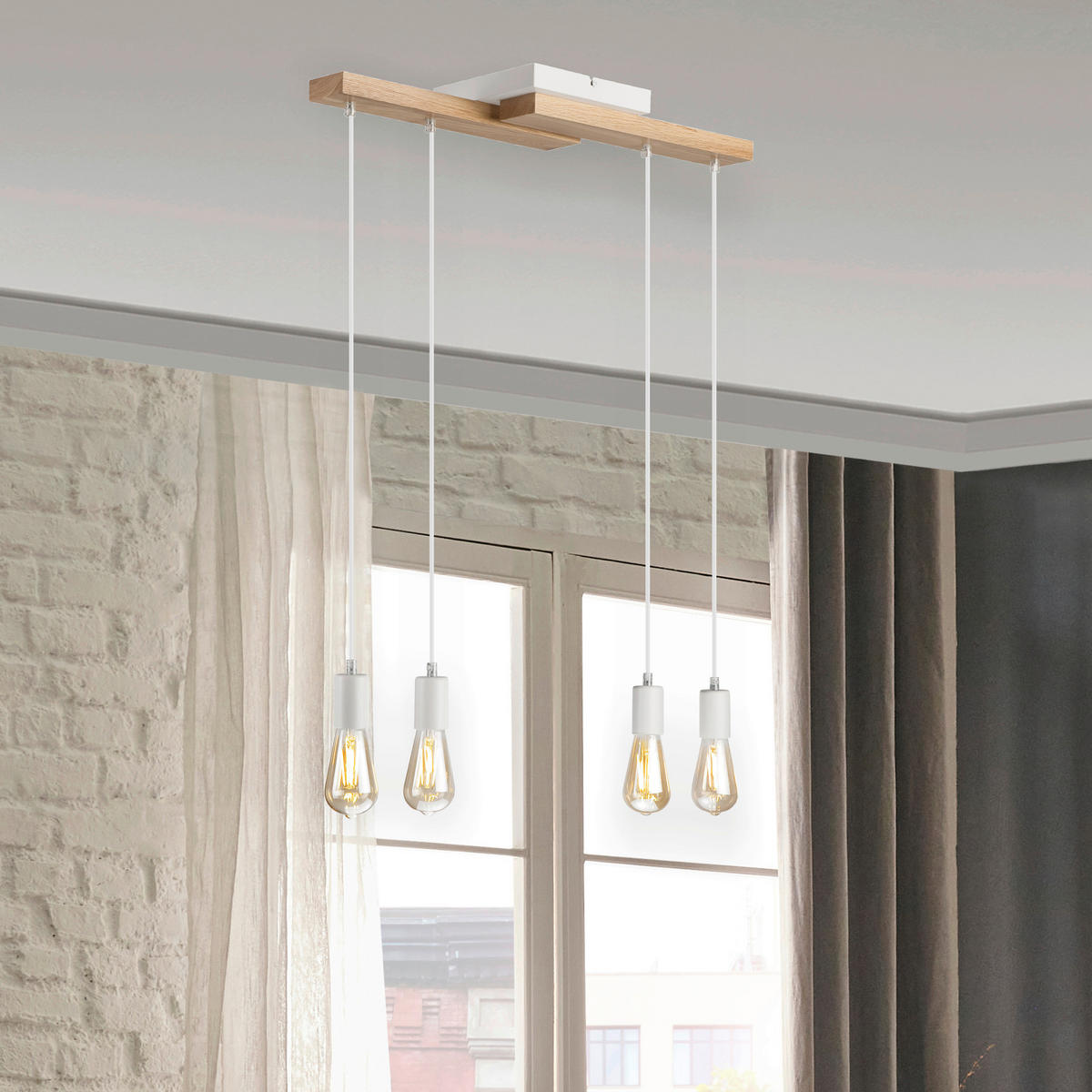 Lamkur Pendelleuchte weiß Holz B/H/L: ca. 20x86x64 cm E27 4 Brennstellen CORTINA - weiß (64,00/20,00/86,00cm) - Lamkur