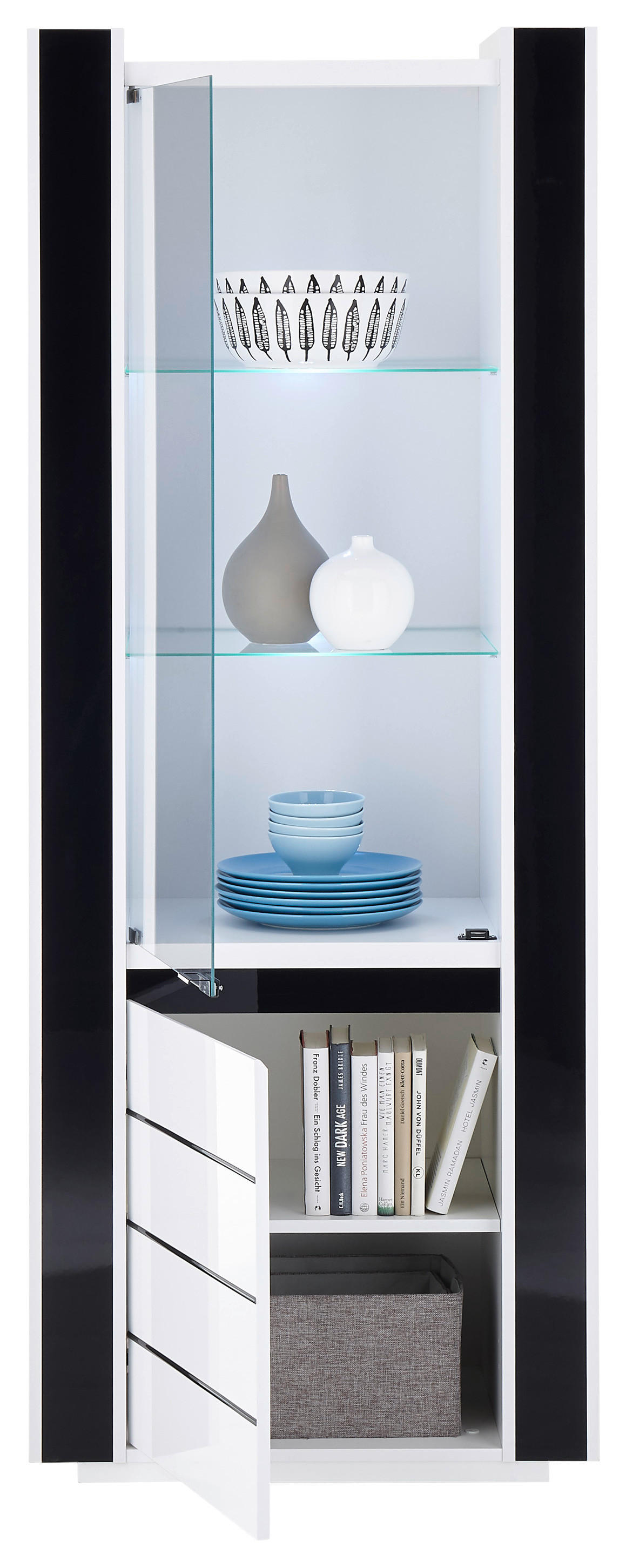 Vitrine Savona weiß Hochglanz schwarz Hochglanz B/H/T: ca. 73x185x45 cm Savona - weiß/schwarz (73,00/185,00/45,00cm)