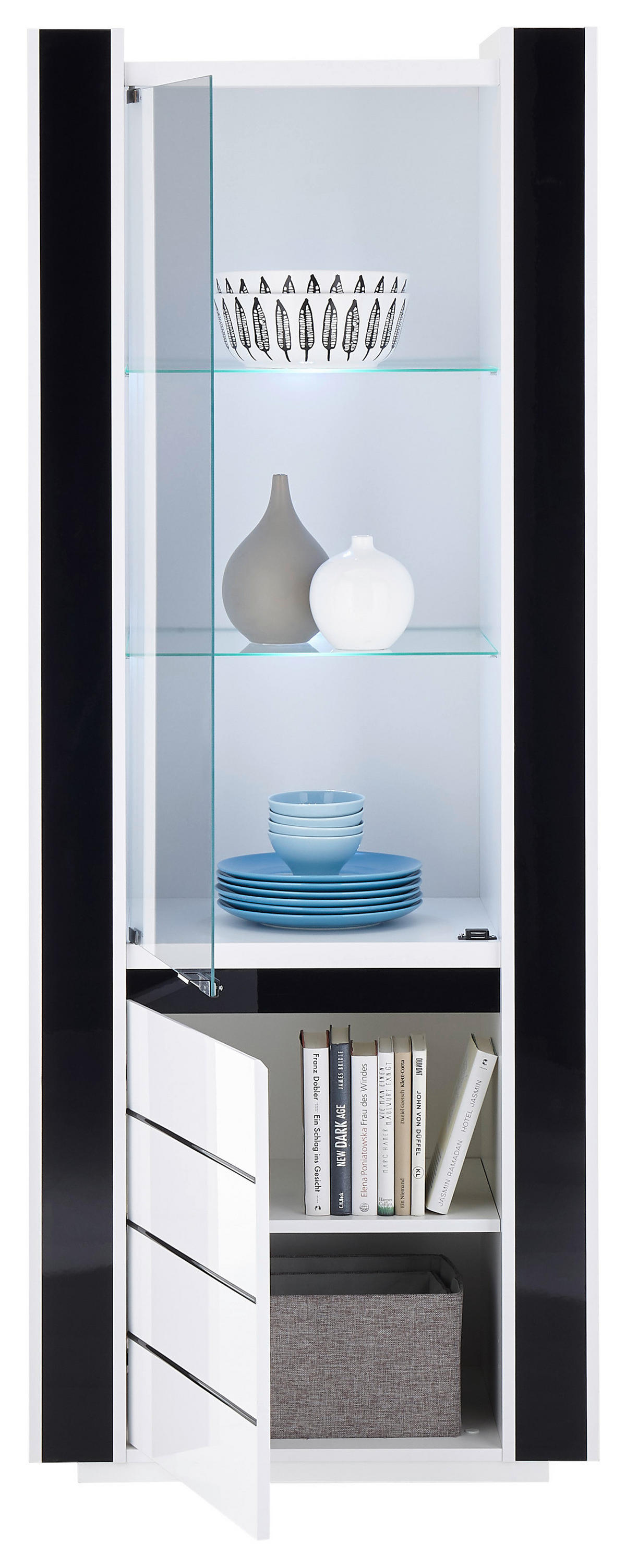 Vitrine Savona weiß Hochglanz schwarz Hochglanz B/H/T: ca. 73x185x45 cm Savona - weiß/schwarz (73,00/185,00/45,00cm)