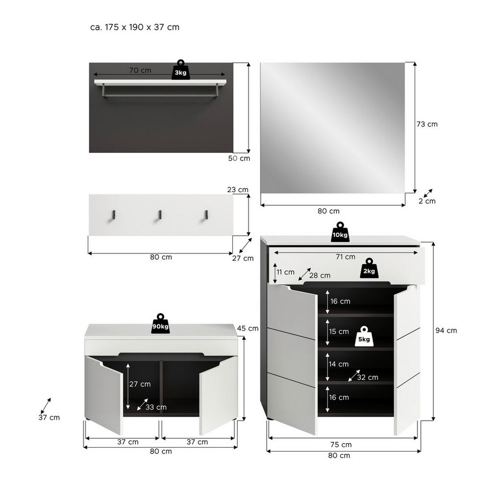 Thumbnail - Garderobe Canu basaltgrau Nachbildung weiß B/H/T: ca. 175x190x37 cm