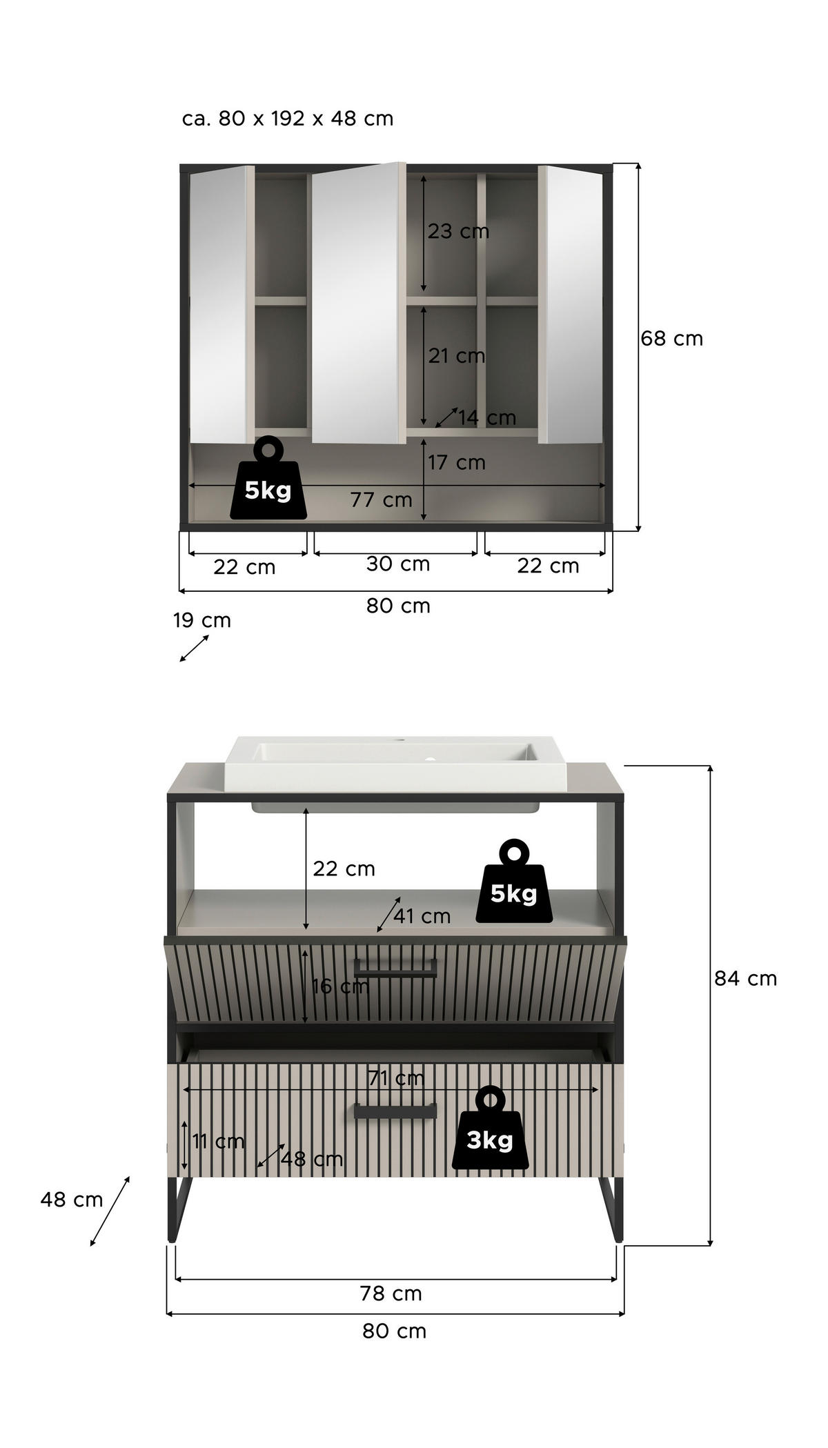 Badezimmer-Set BAGNO schwarz Kaschmirgrau Nachbildung B/H/T: ca. 80x192x48 cm BAGNO - schwarz (80,00/192,00/48,00cm) - xonox.home