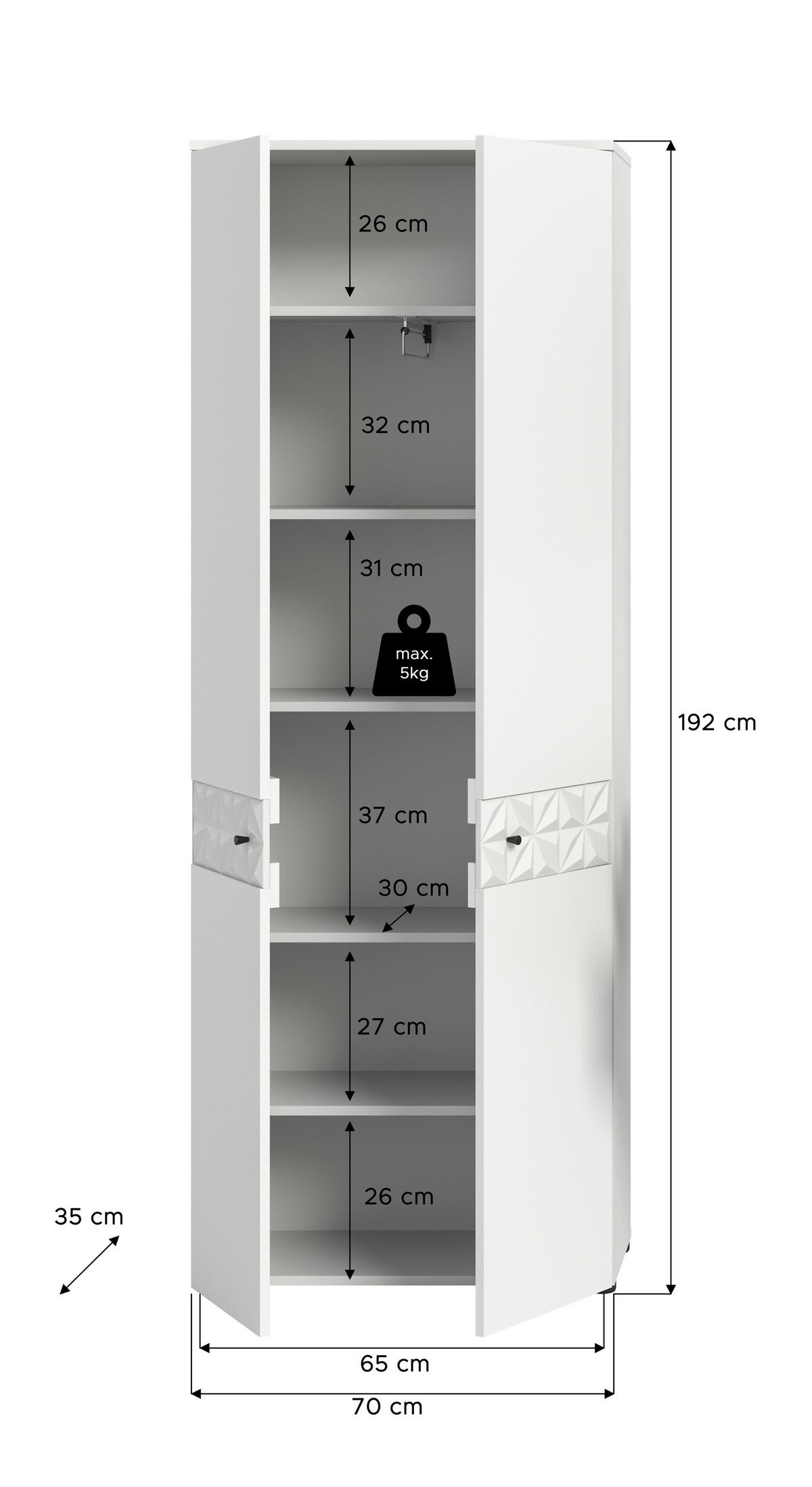 Garderobenschrank Prisma weiß weiß Hochglanz B/H/T: ca. 70,2x192x34,8 cm Prisma - weiß (70,20/192,00/34,80cm) - xonox.home