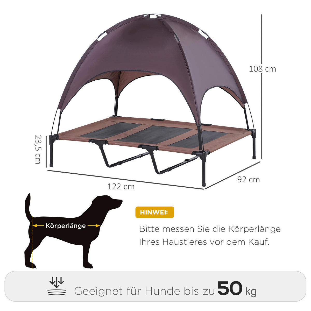 PawHut Hundebett braun Metall B/H/L: ca. 92x108x122 cm Hundebett mit Baldachin - braun/schwarz (122,00/92,00/108,00cm) - PawHut