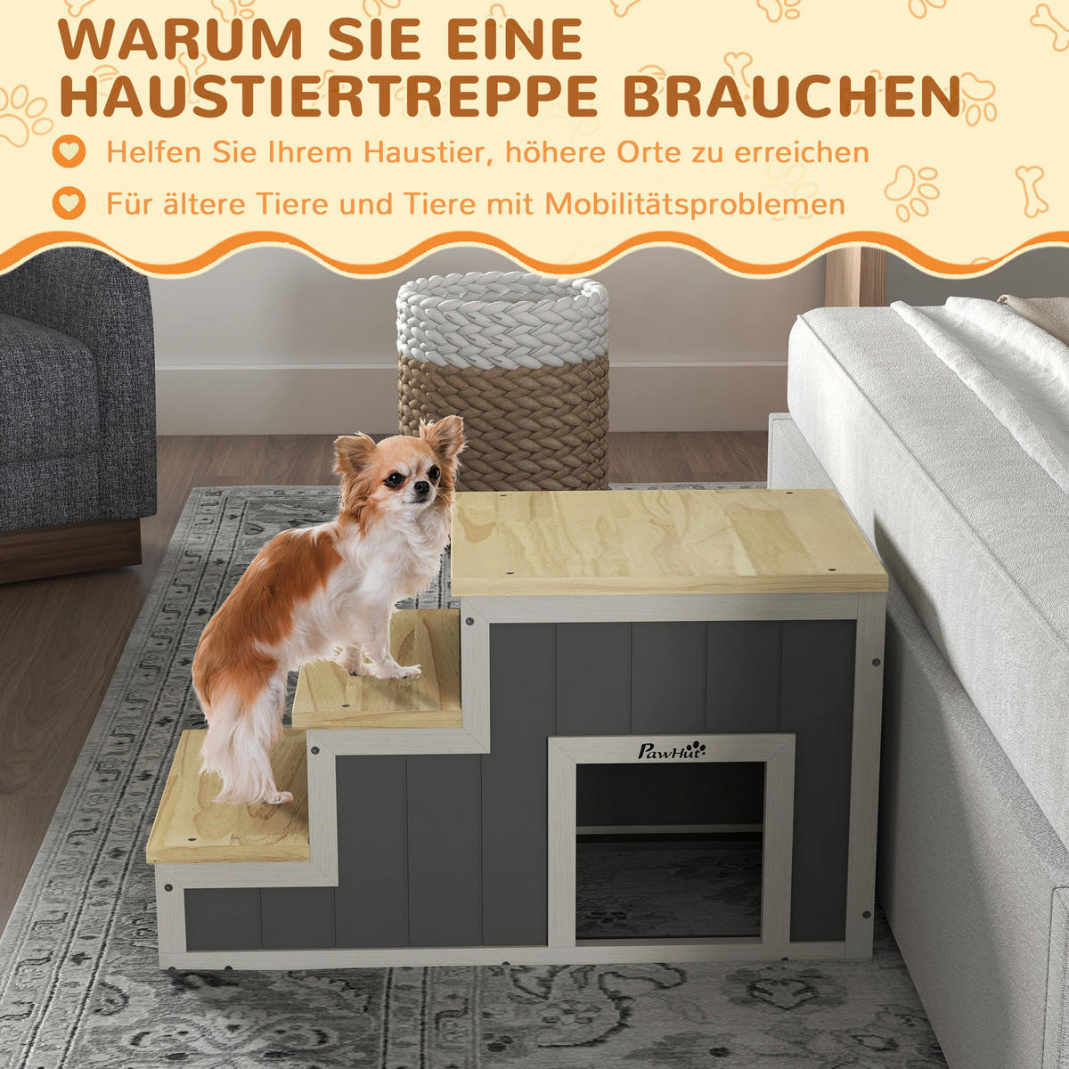 PawHut Hundetreppe, Katzentreppe natur Polypropylen B/H/L: ca. 38,5x79x45 cm Haustiertreppe - natur/grau (45,00/38,50/79,00cm) - PawHut