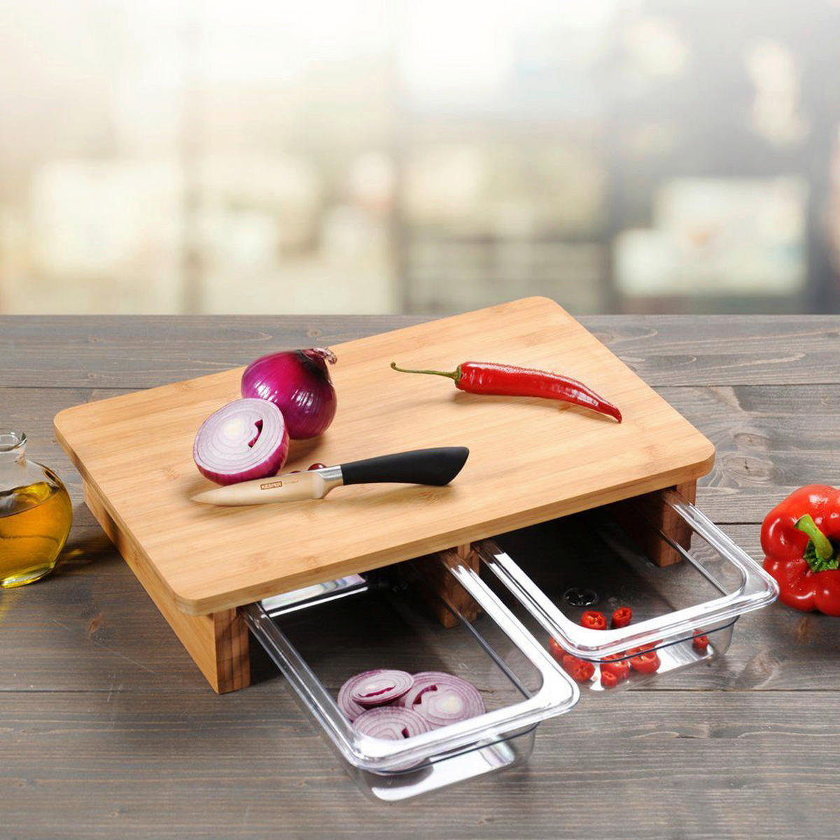 Kesper Schneidebrett mit Auffangschale Schneidbrett_2_Auffangschalen - natur/transparent (41,00/8,00/26,50cm) - Kesper
