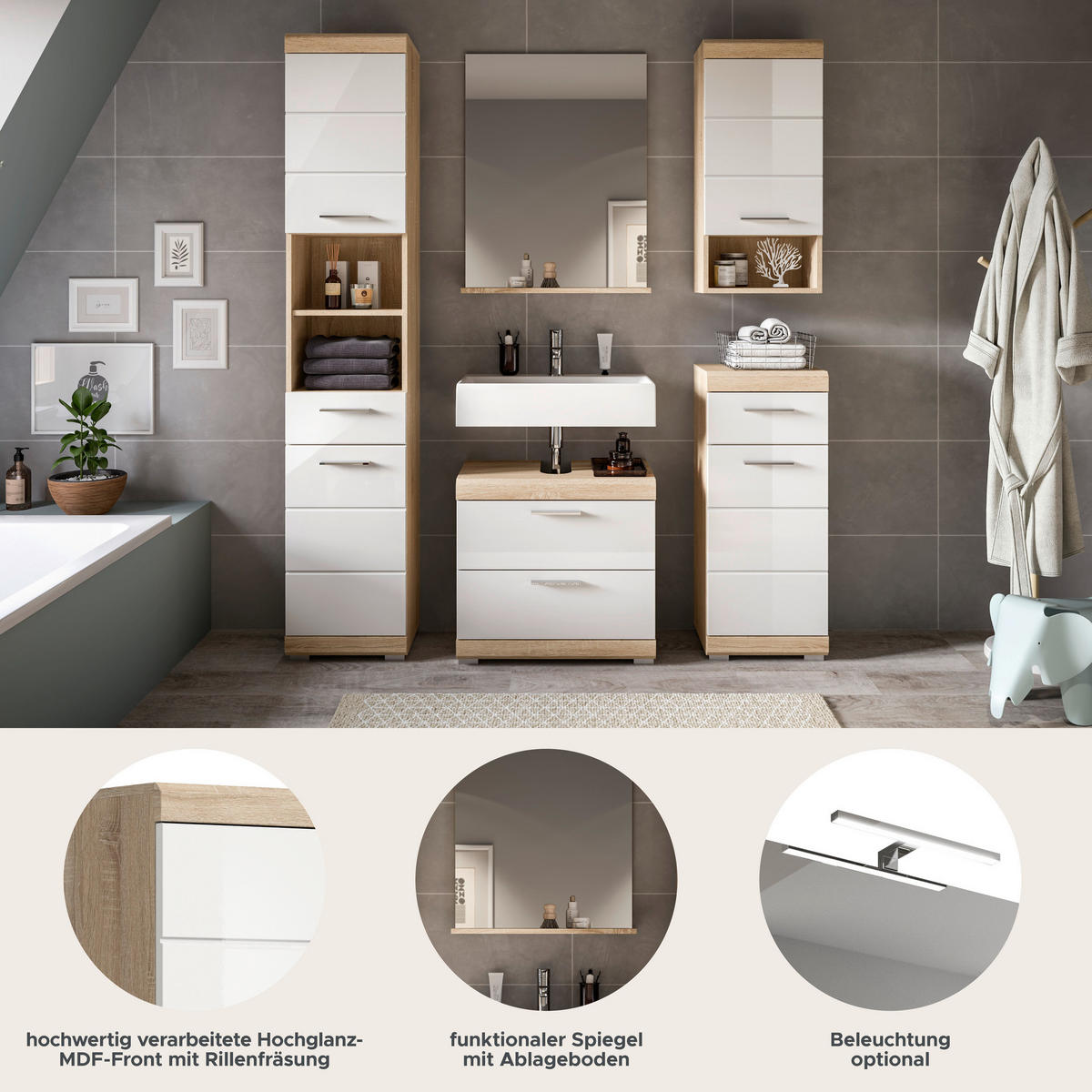 Badezimmer-Set Lambada Eiche Sonoma Nachbildung weiß Hochglanz B/H/T: ca. 164x191x37 cm Lambada - Eiche/weiß (164,00/191,00/37,00cm) - xonox.home