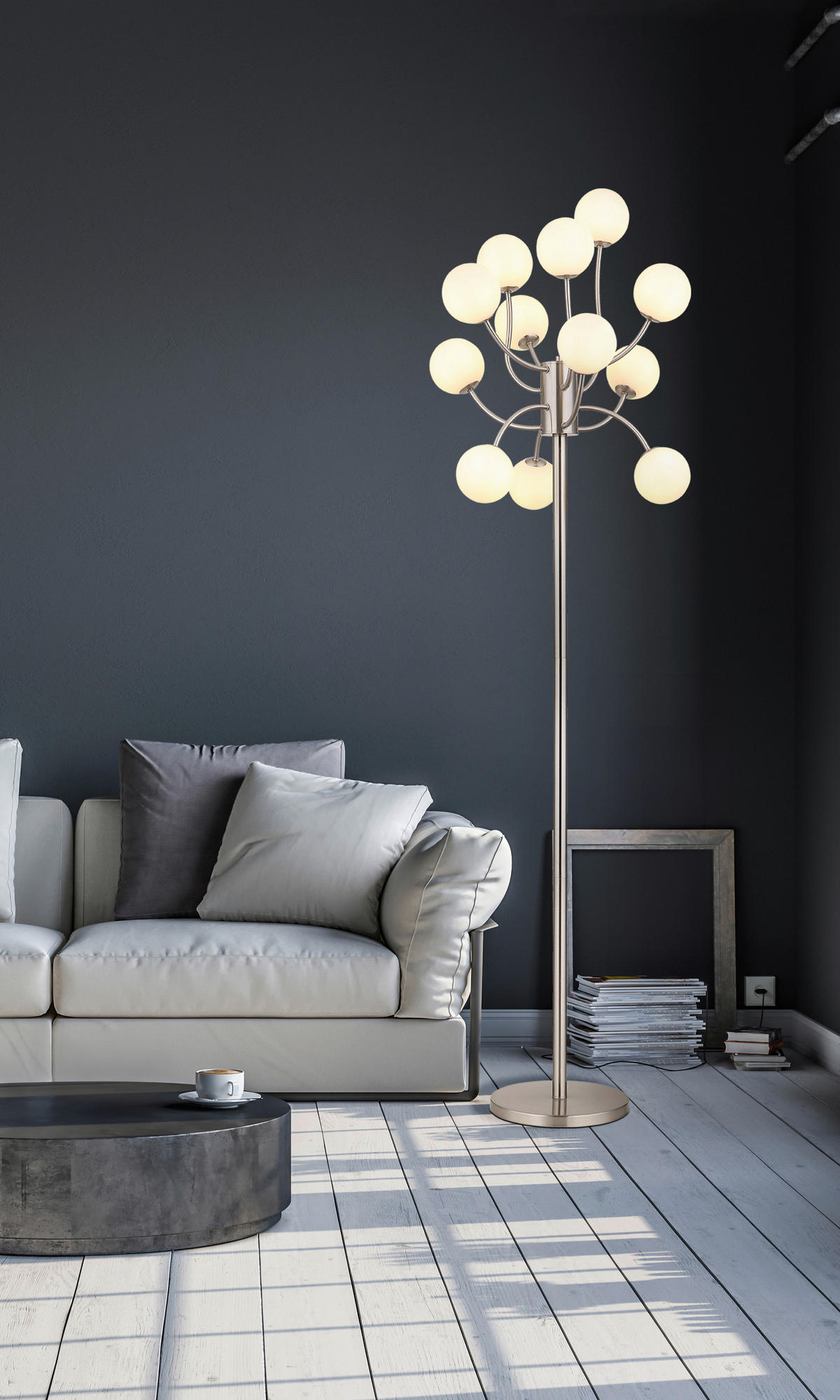 GLOBO Stehleuchte schwarz nickel matt Opal Metall Glas Kunststoff H/D: ca. 200x62 cm G9 12 Brennstellen RIHA - nickel matt/schwarz (62,00/200,00cm) - GLOBO