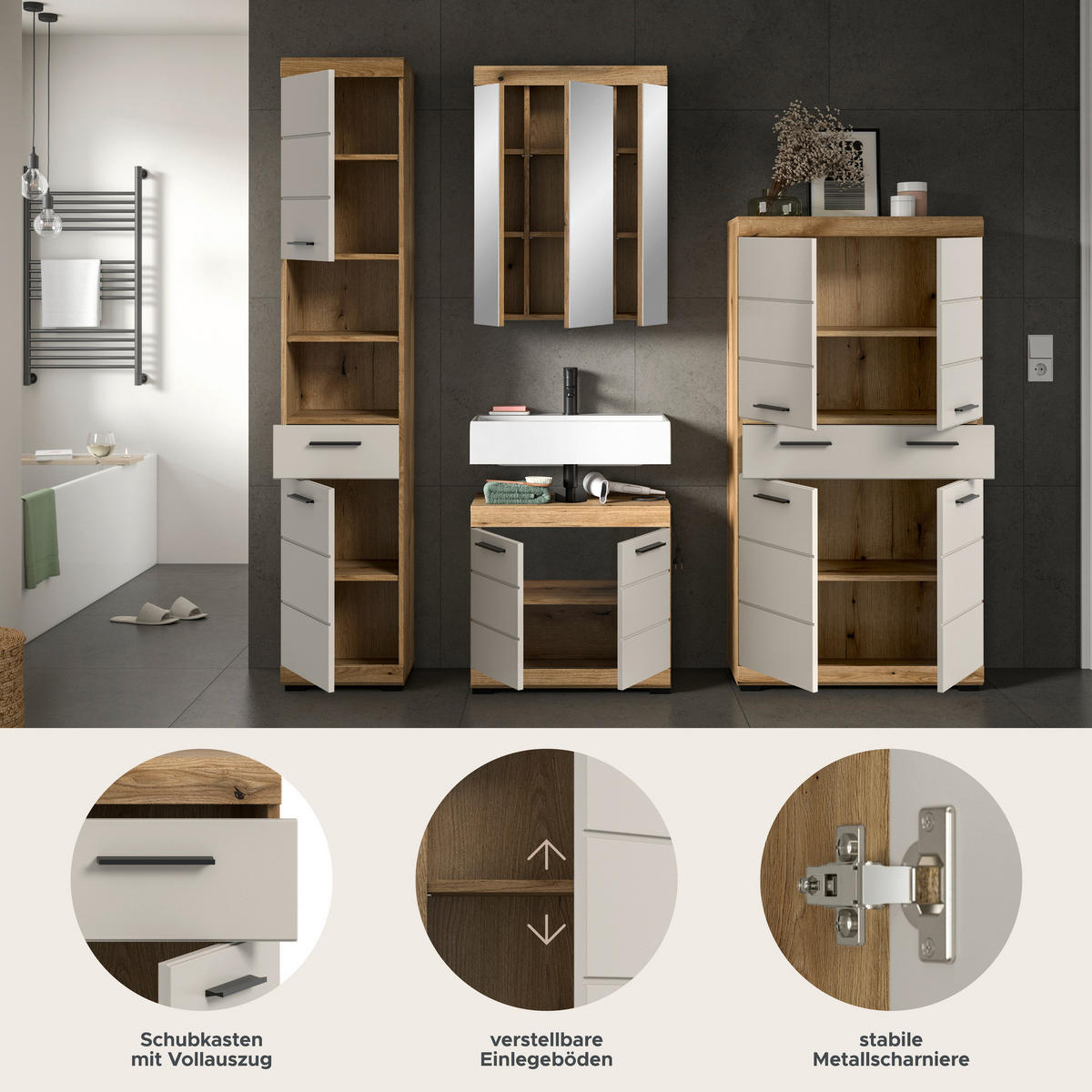 Badezimmer-Set Scout Evoke Oak Nachbildung Kaschmirgrau Nachbildung B/H/T: ca. 201x191x34 cm Scout - Kaschmirgrau (201,00/191,00/34,00cm) - xonox.home