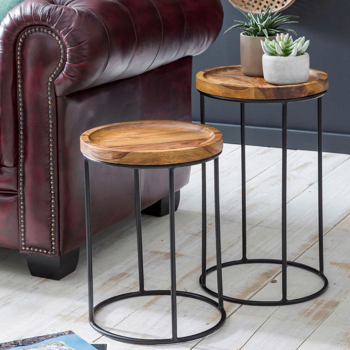Beistelltisch 2er-Set natur schwarz lackiert Echtholz Eisen 2er-Set - natur/schwarz - Wohnling