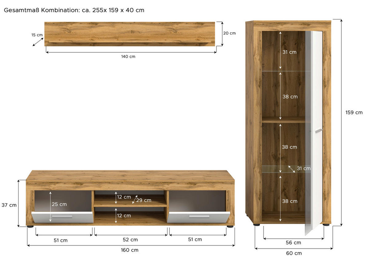 Wohnwand Jam Eiche Wotan Nachbildung weiß B/H/T: ca. 235x159x35 cm Jam - Eiche/weiß (235,00/159,00/35,00cm) - xonox.home