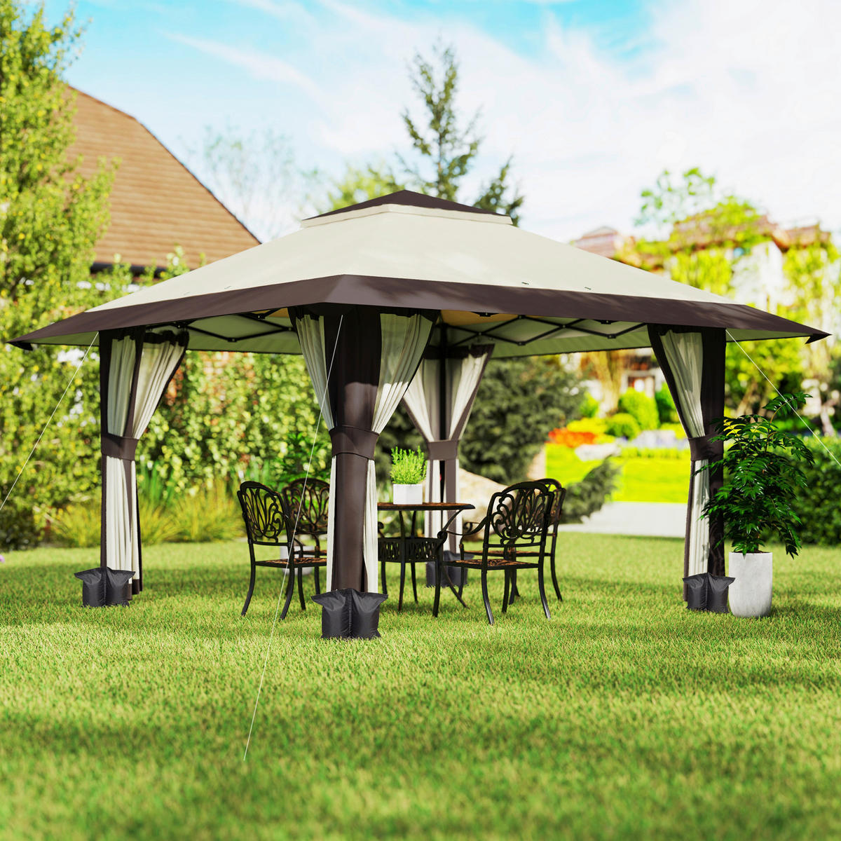 Outsunny Faltpavillon beige Polyester B/H/L: ca. 400x281x400 cm Faltpavillon - beige (400,00/400,00/281,00cm) - Outsunny