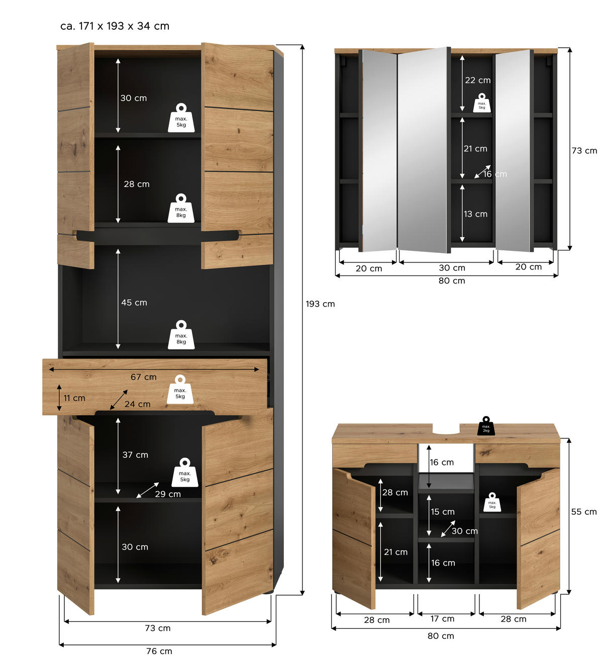 Badezimmer-Set Canu Basalt Eiche Artisan Nachbildung B/H/T: ca. 171x193x34 cm Canu - Eiche/Basalt (171,00/193,00/34,00cm) - xonox.home