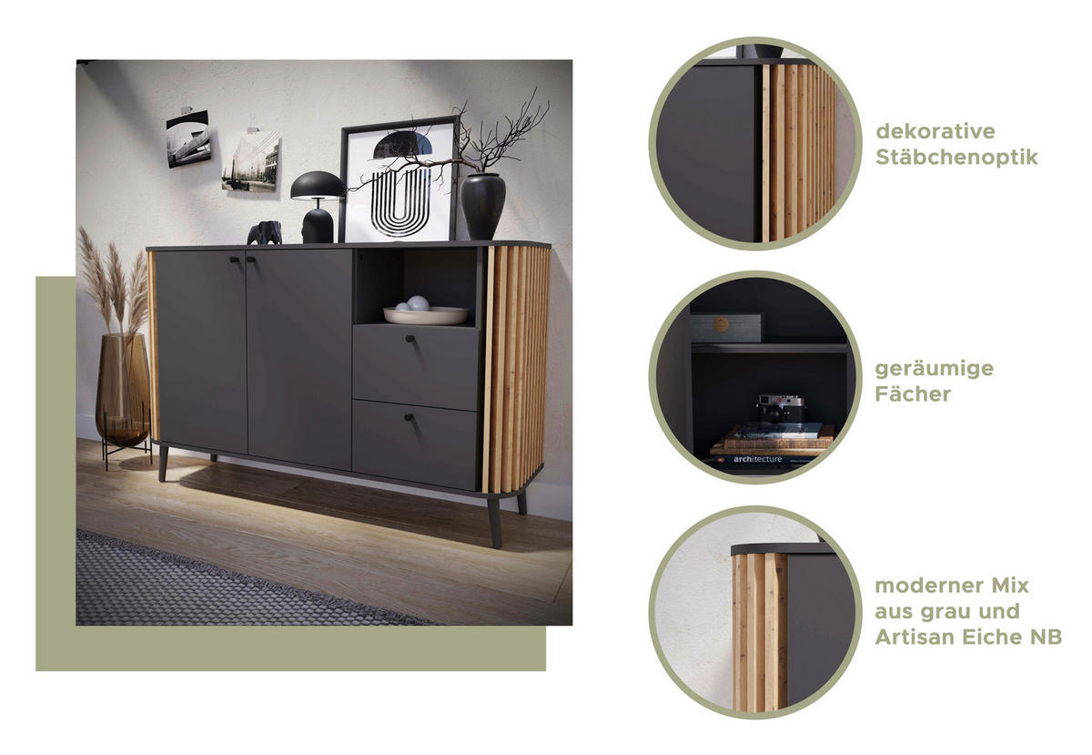 Lowboard PURE grau Eiche Artisan Nachbildung B/H/T: ca. 138x50x40 cm PURE - Eiche/grau (138,00/50,00/40,00cm) - xonox.home