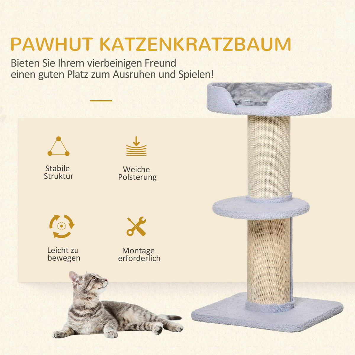 PawHut Kratzbaum hellgrau Sisal B/H/L: ca. 45x91x45 cm Kratzbaum - hellgrau (45,00/45,00/91,00cm) - PawHut