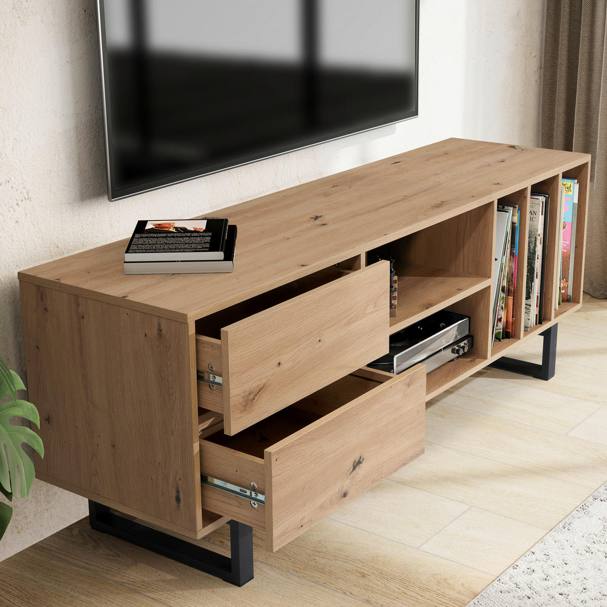 Lowboard Eiche Optik B/H/T: ca. 150x55x40 cm TV & Lowboard - Eiche (150,00/55,00/40,00cm) - Wohnling