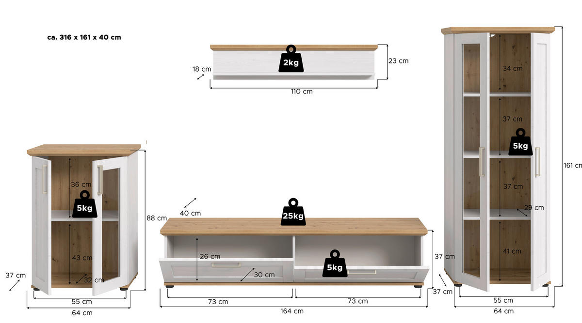 Wohnwand VERONA Lärche Nachbildung Eiche Nachbildung B/H/T: ca. 336x161x40 cm VERONA - Eiche/Lärche (336,00/161,00/40,00cm) - xonox.home