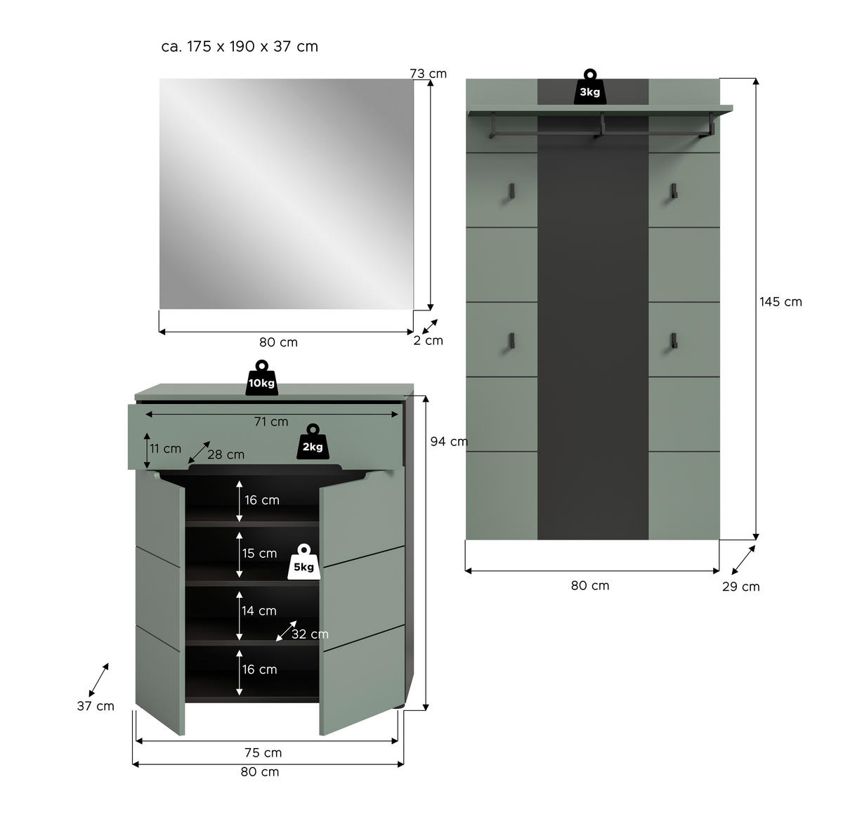 Garderobe Canu grün basaltgrau Nachbildung B/H/T: ca. 175x190x37 cm Canu - basaltgrau/grün (175,00/190,00/37,00cm) - xonox.home