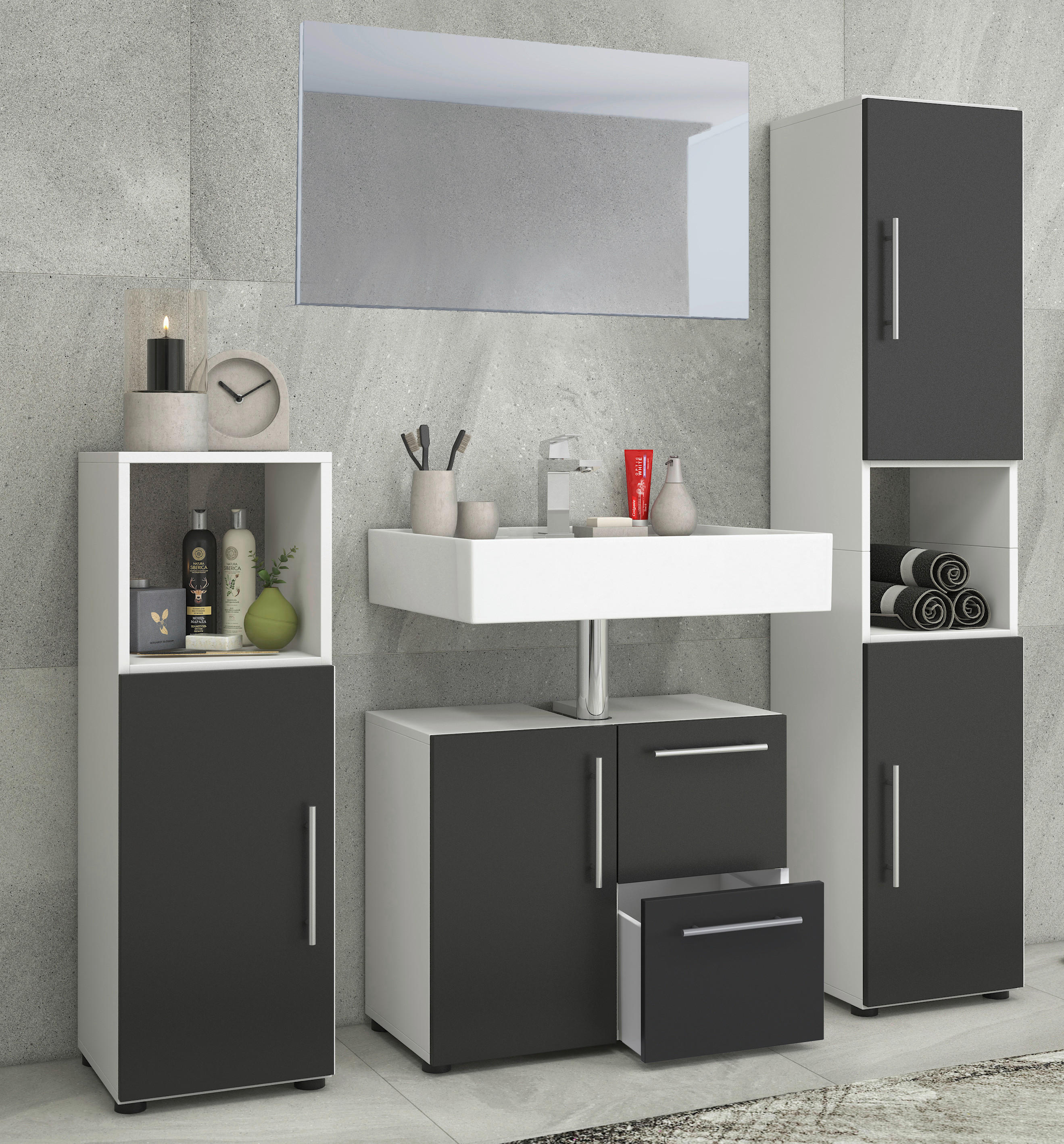 Badezimmer-Set Flandu weiß schwarz B/H/T: ca. 61x51x32 cm Flandu - weiß/schwarz (61,00/51,00/32,00cm) - VCM Möbel