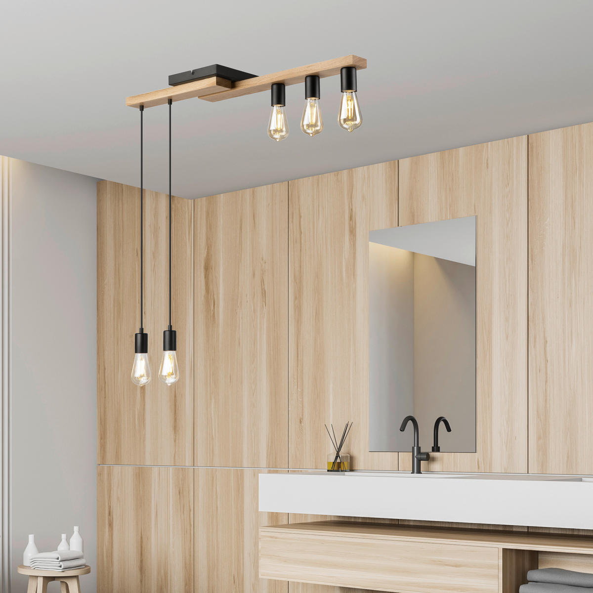 Lamkur Pendelleuchte weiß Holz B/H/L: ca. 20x86x84 cm E27 5 Brennstellen CORTINA - weiß (84,00/20,00/86,00cm) - Lamkur