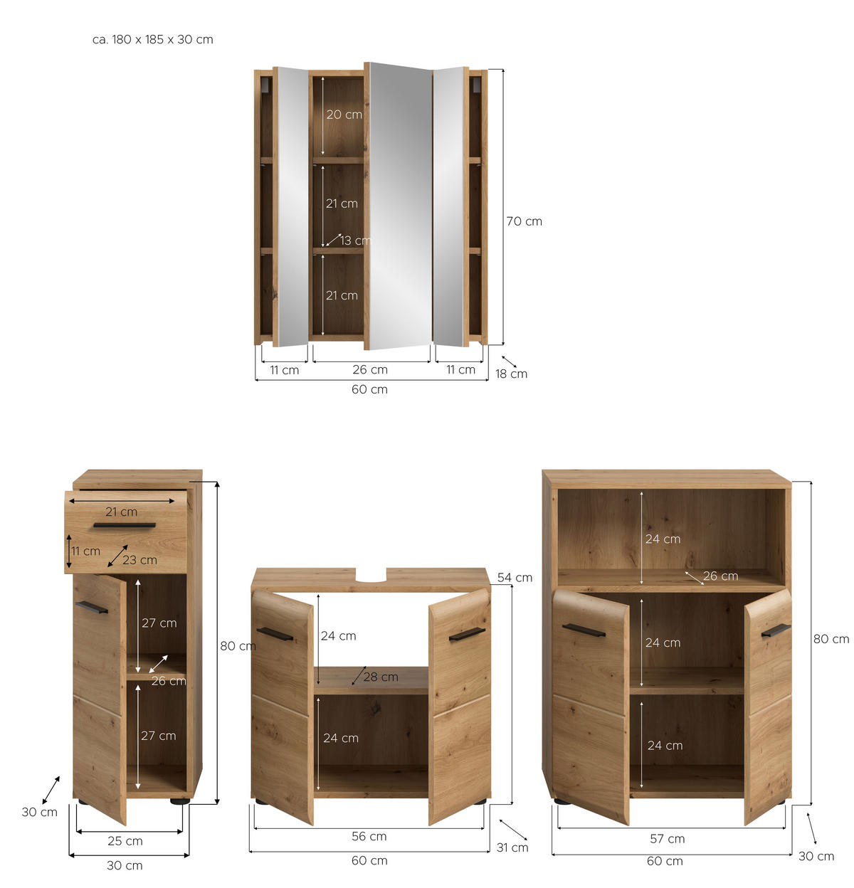 Badezimmer-Set Ice Artisan Oak Nachbildung B/H/T: ca. 180x185x30 cm Ice - (180,00/185,00/30,00cm) - xonox.home