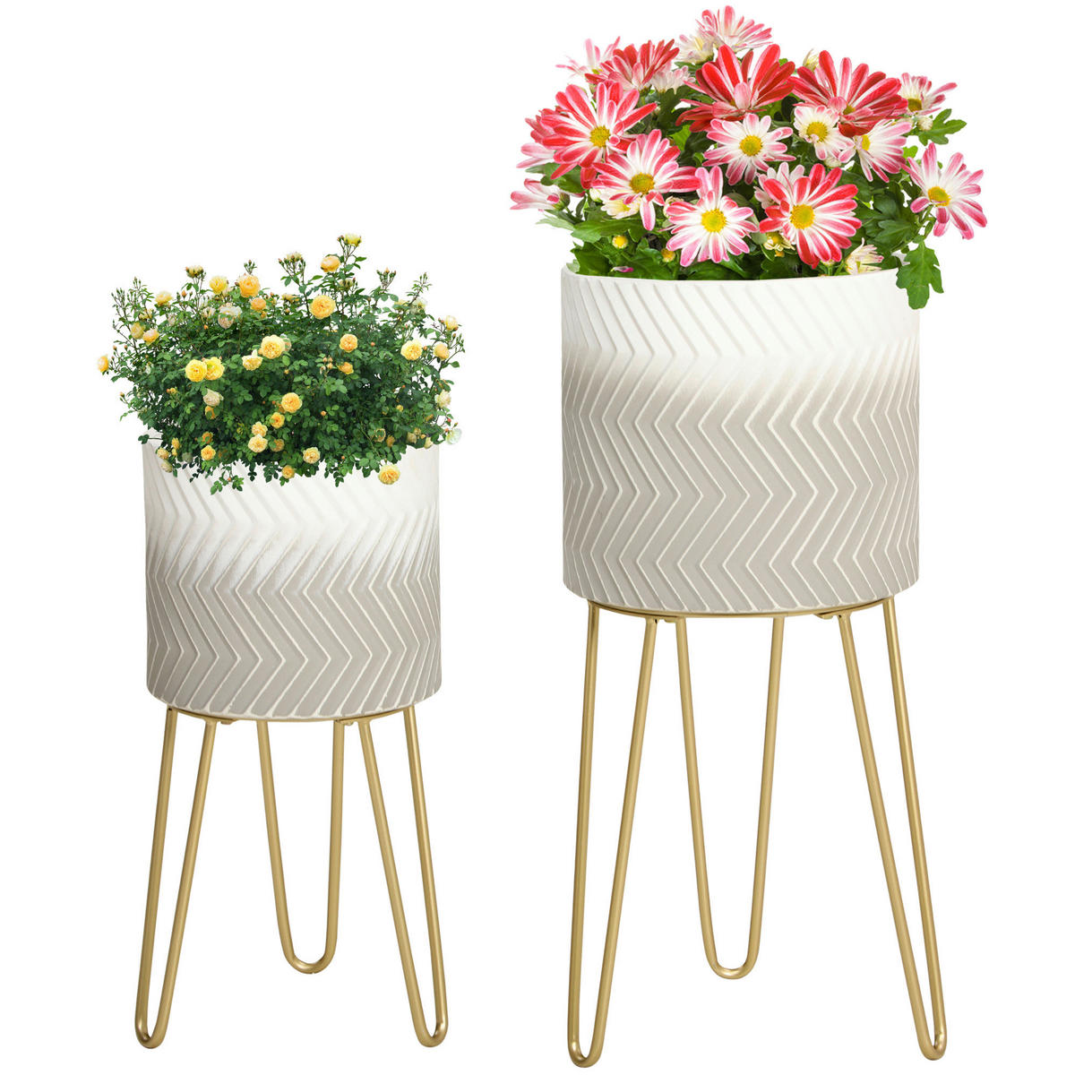 Outsunny Blumentöpfe-Set mit Gestell Blumentöpfe-Set_mit_Gestell - gold/weiß (30,00/30,00/67,00cm) - Outsunny