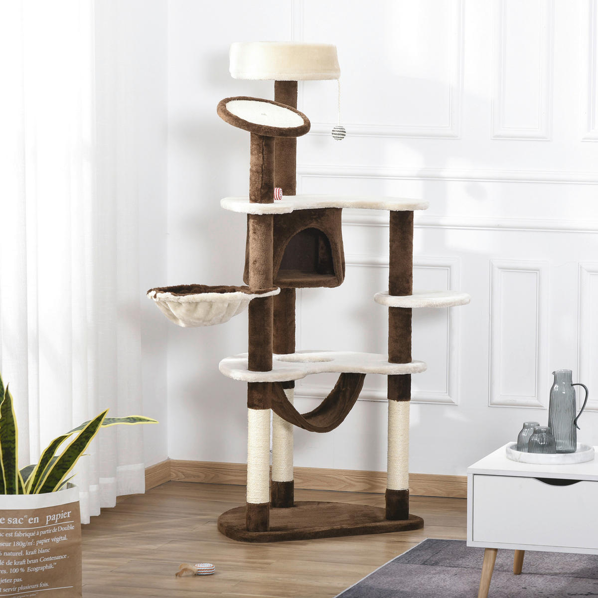 PawHut Katzenbaum braun Sisal B/H/L: ca. 50x153x65 cm Katzenbaum - braun/cremeweiß (65,00/50,00/153,00cm) - PawHut