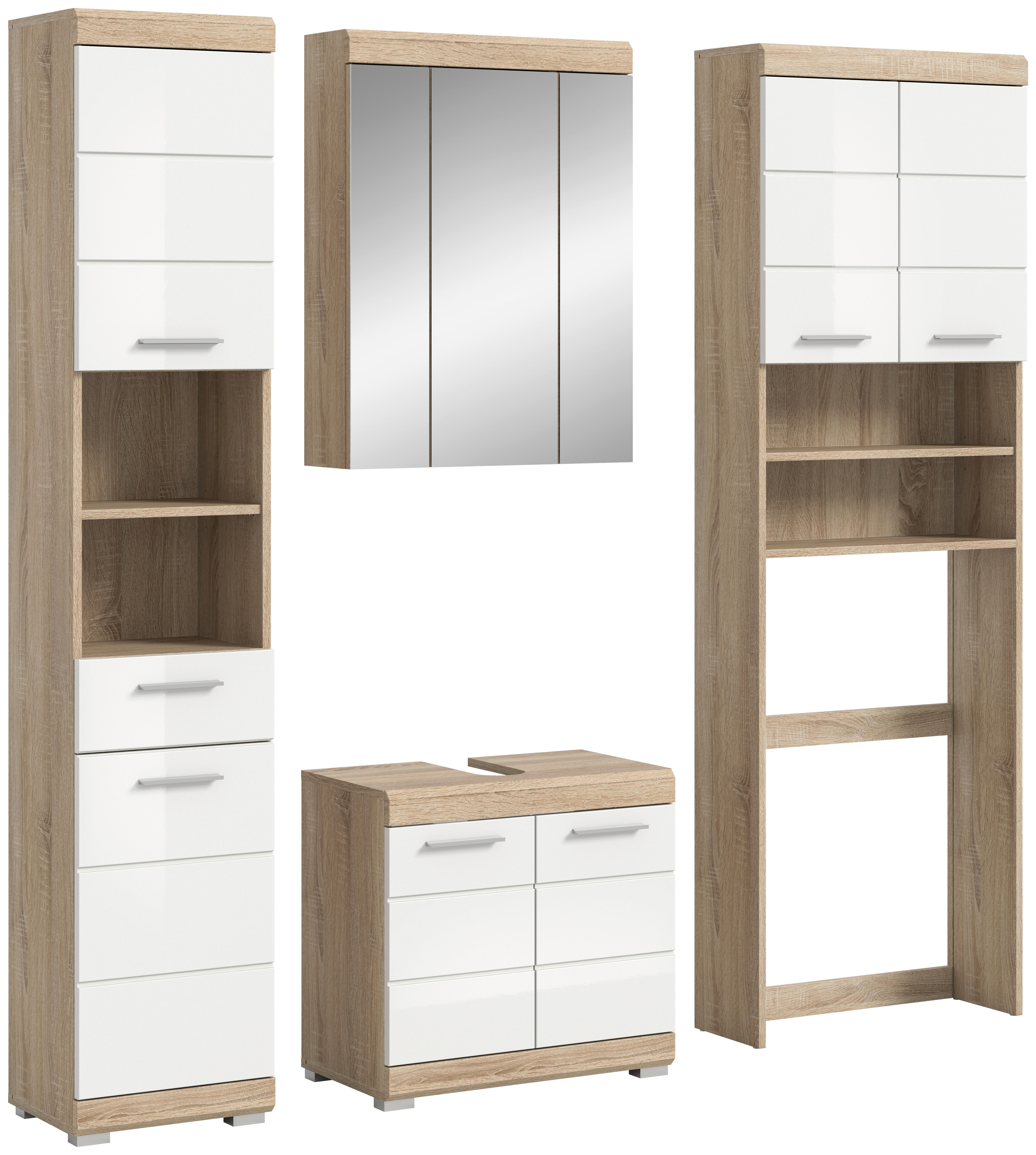 Badezimmer-Set Lambada Eiche Sonoma Nachbildung weiß Hochglanz B/H/T: ca. 190x191x34 cm Lambada - Eiche/weiß (190,00/191,00/34,00cm) - xonox.home