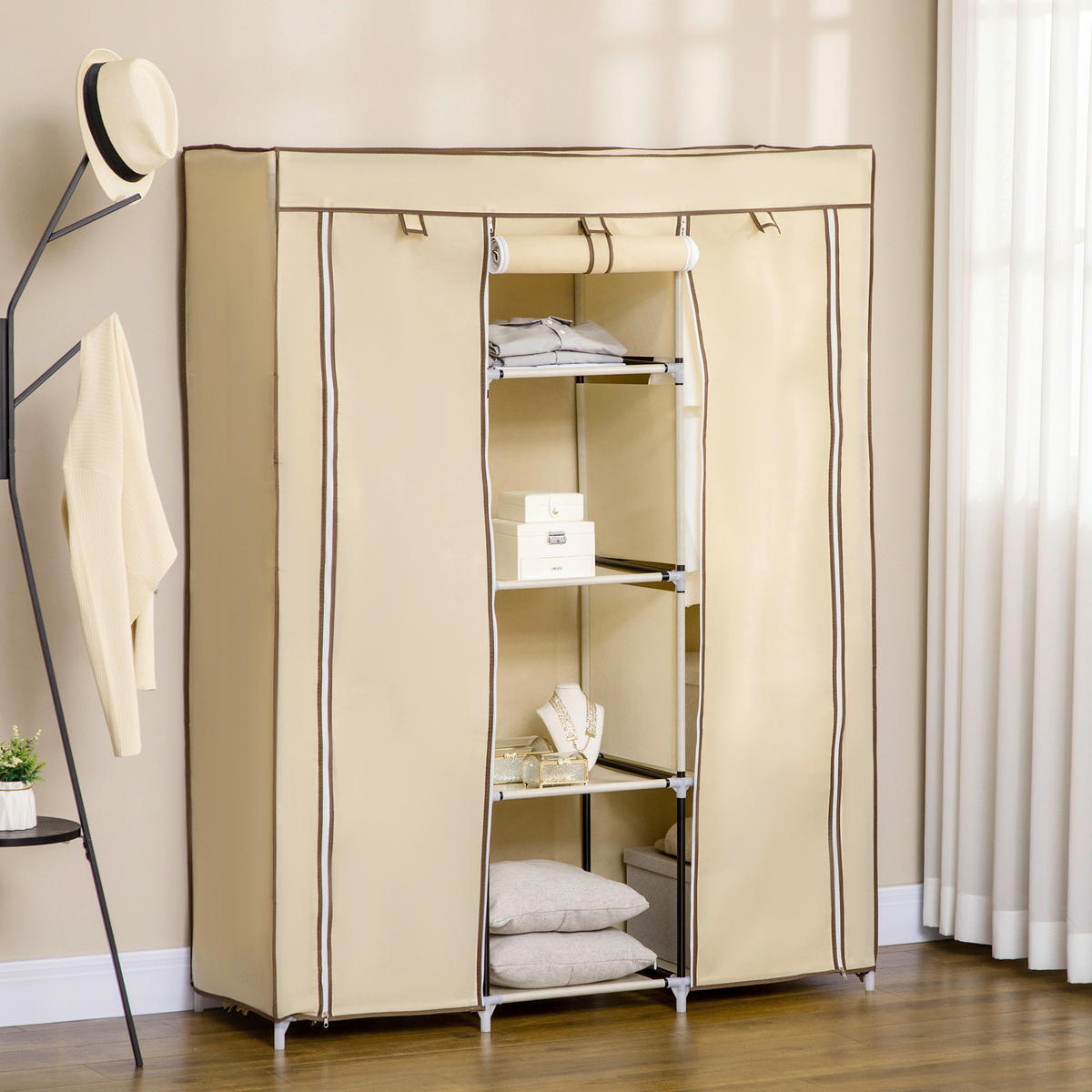 HOMCOM Kleiderschrank beige Edelstahl B/H/L: ca. 43x125x162,5 cm Stoffschrank - beige (162,50/43,00/125,00cm) - HOMCOM