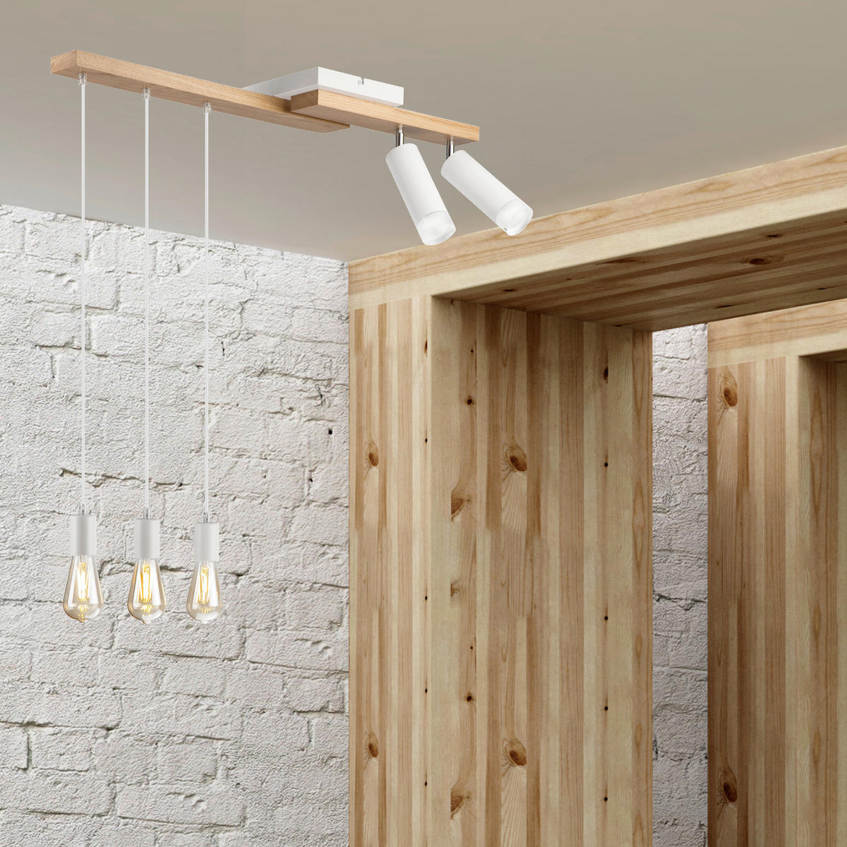 Lamkur Pendelleuchte weiß Holz B/H/L: ca. 20x86x84 cm E27 5 Brennstellen CORTINA - weiß (84,00/20,00/86,00cm) - Lamkur