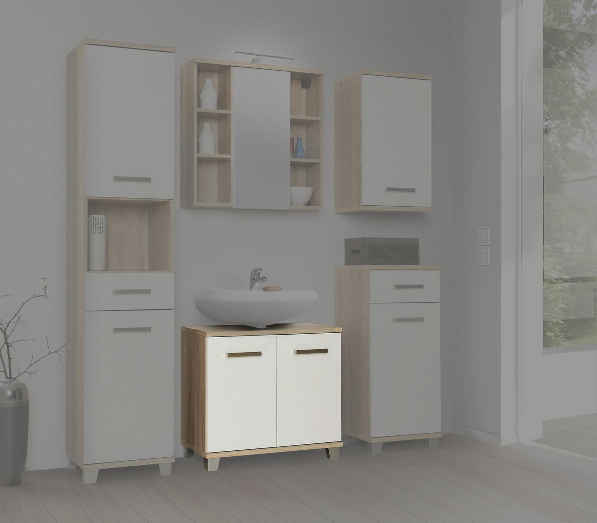 Waschbeckenunterschrank  Eiche Sonoma Nachbildung weiß Hochglanz B/H/T: ca. 68,6x62x34,8 cm Veris_WBU VERZ12-Q34 - Eiche/weiß (68,60/62,00/34,80cm)