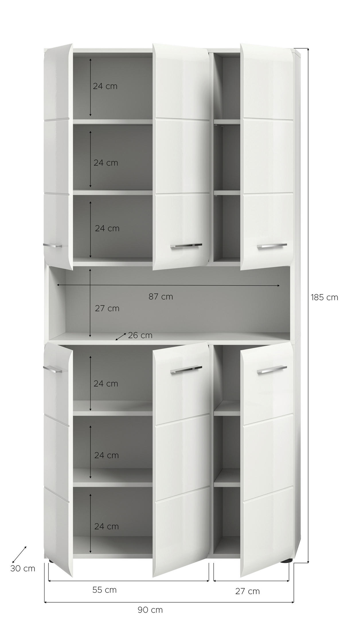 Mehrzweckschrank Ice weiß weiß Hochglanz B/H/T: ca. 90x185x30 cm Ice - weiß (90,00/185,00/30,00cm) - xonox.home