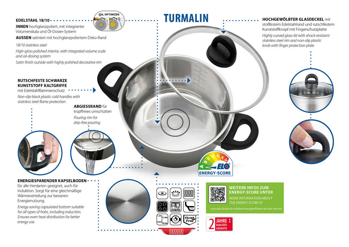 ELO Basic Fleischtopf silber Edelstahl D: ca. 24 cm Fleischtopf_Turmalin 24cm - silber (24,00cm) - ELO Basic
